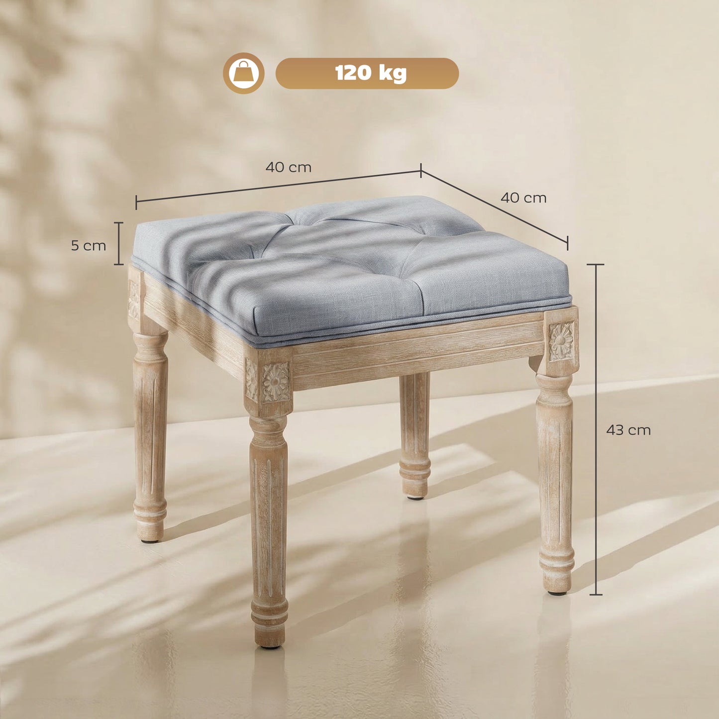 HOMCOM Vintage Foot Stool With Tufted Square Seat And Wood Legs In Light Grey Soft Cushioned Comfort
