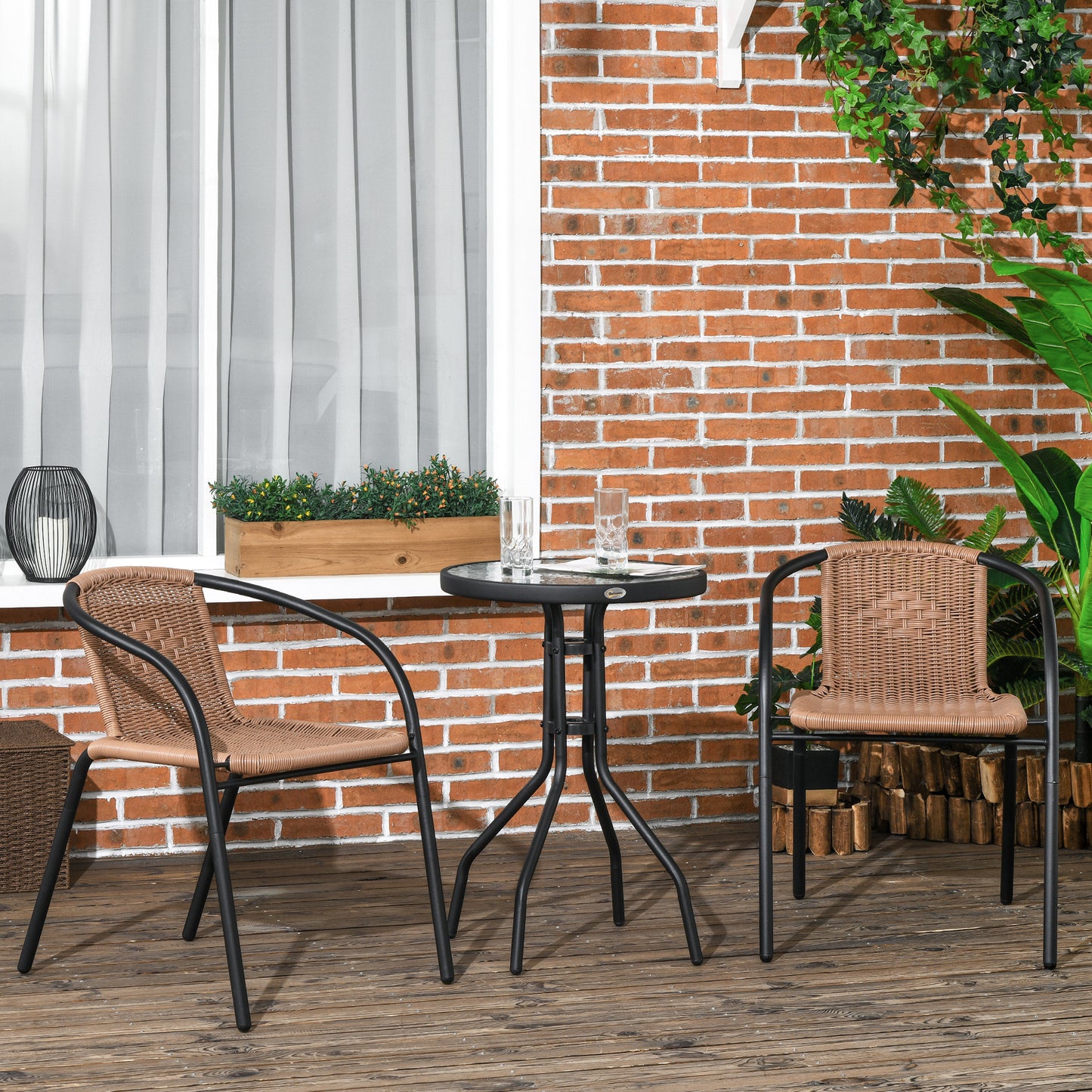 Outsunny 3 Piece Rattan Bistro Set Brown with Tempered Glass Table for Patio Garden Outdoor