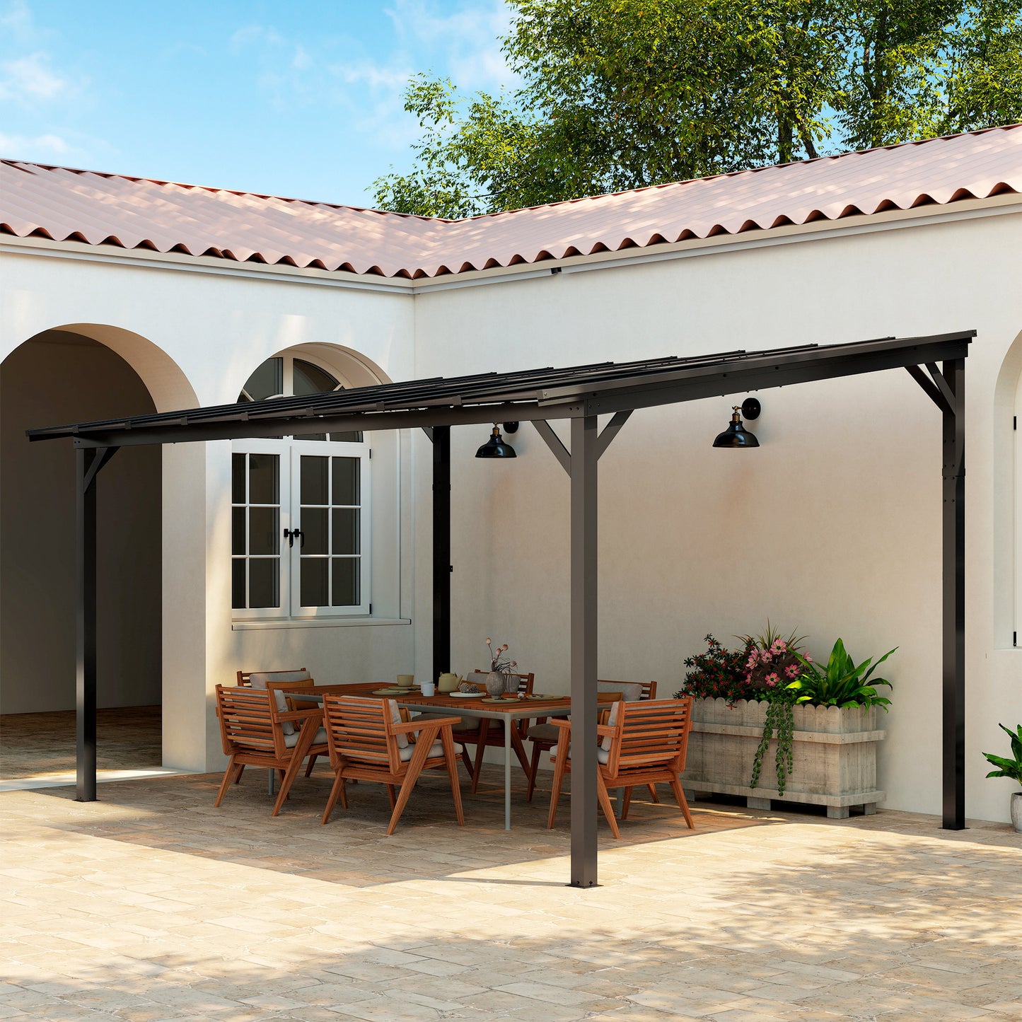 Outsunny 3x4.3m Metal Pergola With UPF 50 Plus Waterproof Polycarbonate Roof Wall Mounted Garden Gazebo Dark Grey