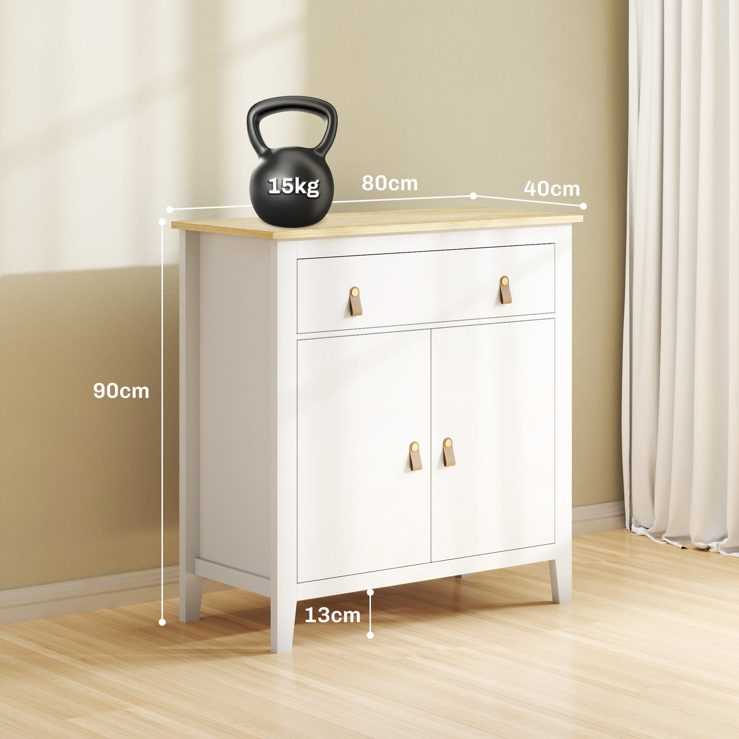 HOMCOM Farmhouse Style White Sideboard With Wood Effect Top And Faux Leather Handles For Kitchen Storage And Living Room