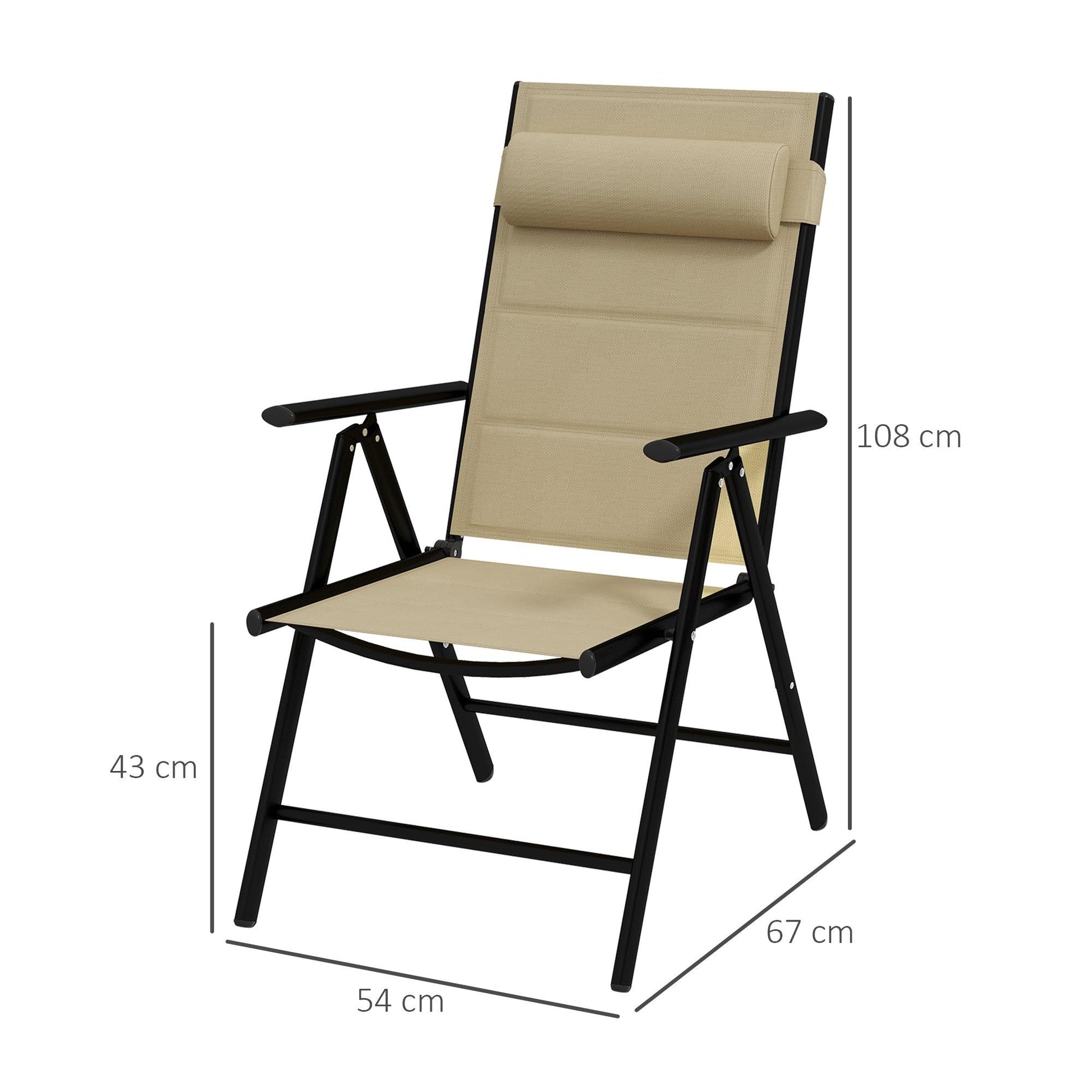 Outsunny Set of 2 Patio Folding Chairs w/ Adjustable Back, Garden Dining Chairs w/ Breathable Mesh Fabric Padded Seat, Backrest, Headrest, Khaki - ALL4U RETAILER LTD