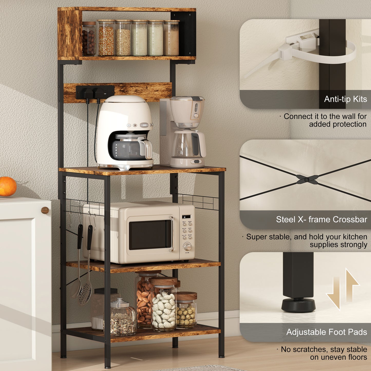 HOMCOM Kitchen Storage Rack With Power Outlet And USB Charger Rustic Brown Bakers Rack For Kitchen Organization