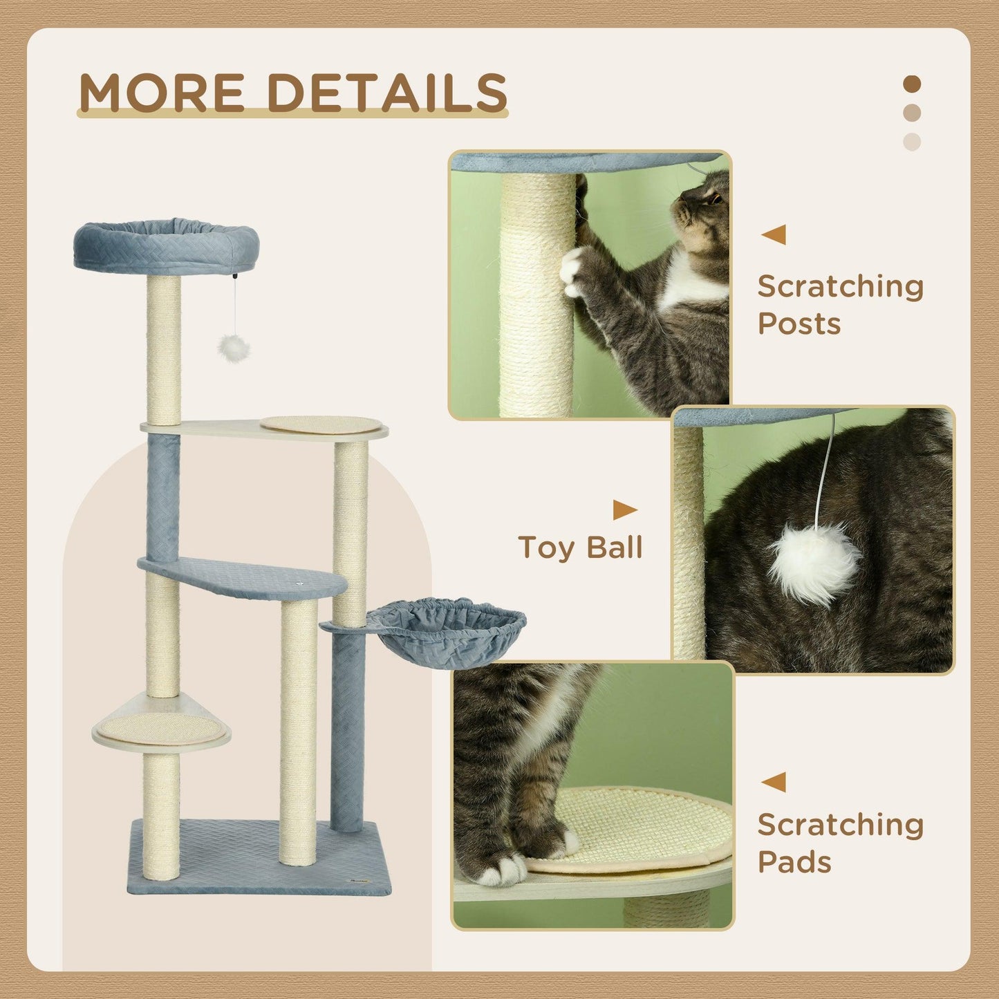 PawHut Wooden Cat Tree Climbing Tower with Scratching Post Hammock - Blue - ALL4U RETAILER LTD