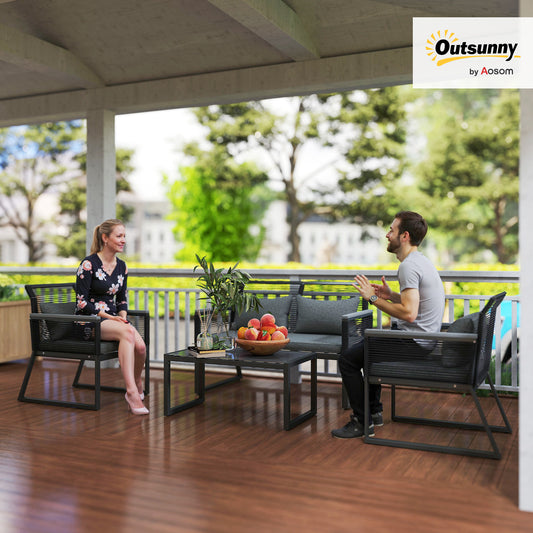 Outsunny Four Piece Rattan Garden Furniture Set Charcoal Grey Outdoor Patio With Coffee Table Wood Top