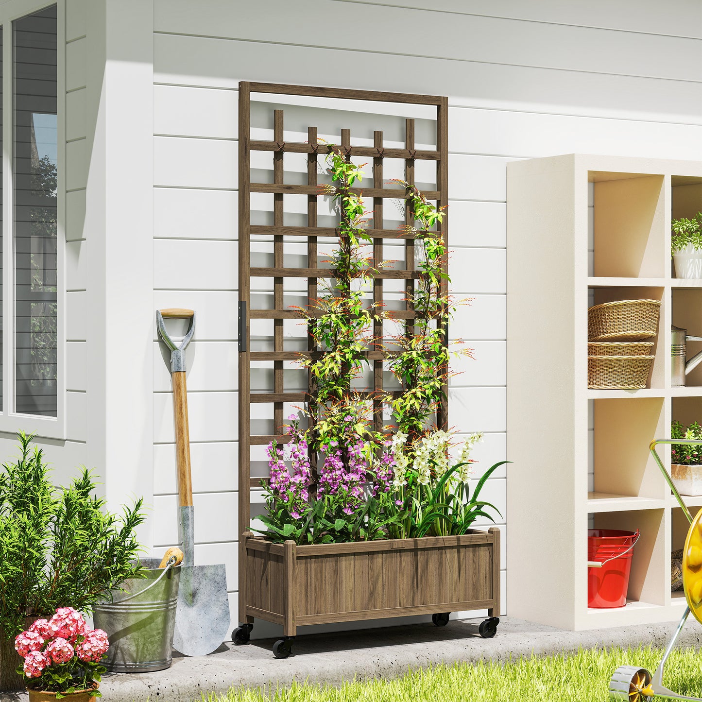 Outsunny Wooden Trellis Planter With Wheels Raised Garden Bed For Vegetables, Herbs And Flowers Brown