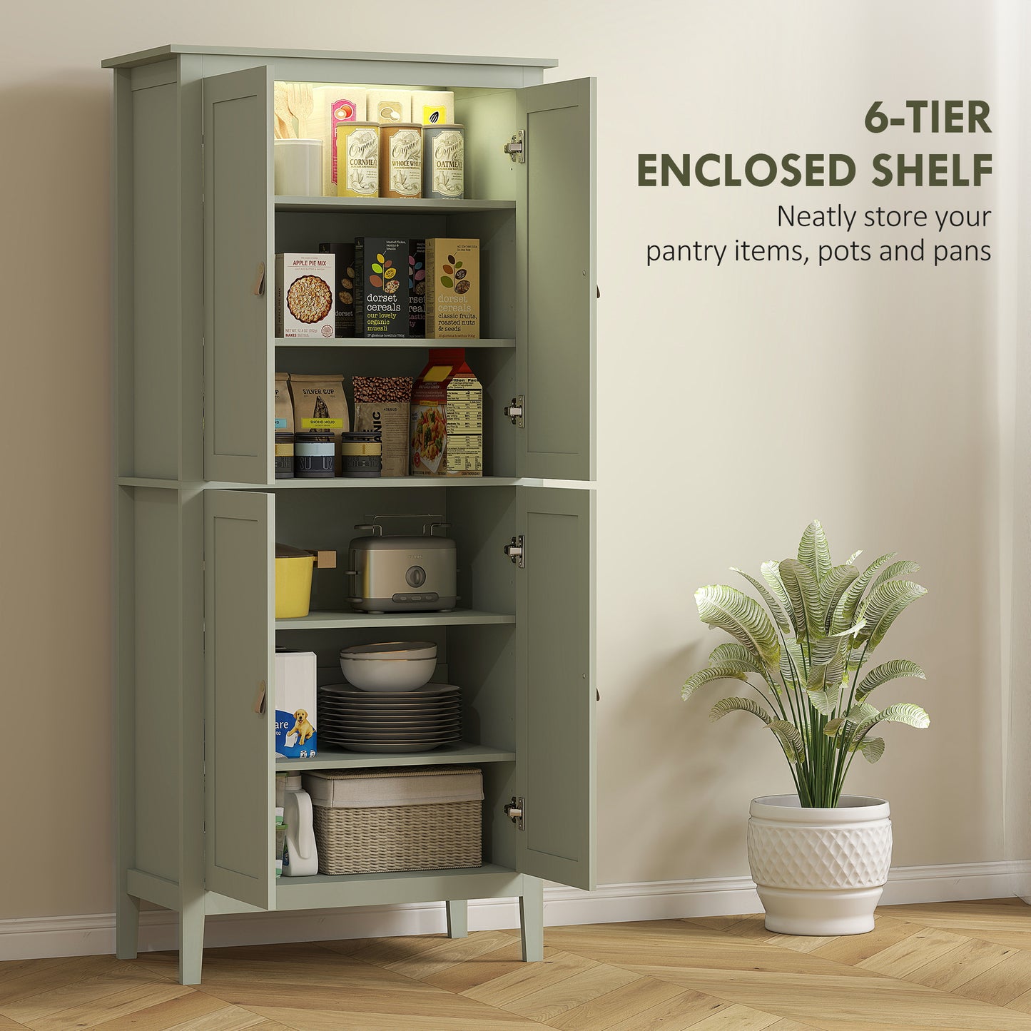 HOMCOM Tall Pantry Cupboard With Motion Sensor LED Light Green Cabinet With Adjustable Shelves And Three Colour Options