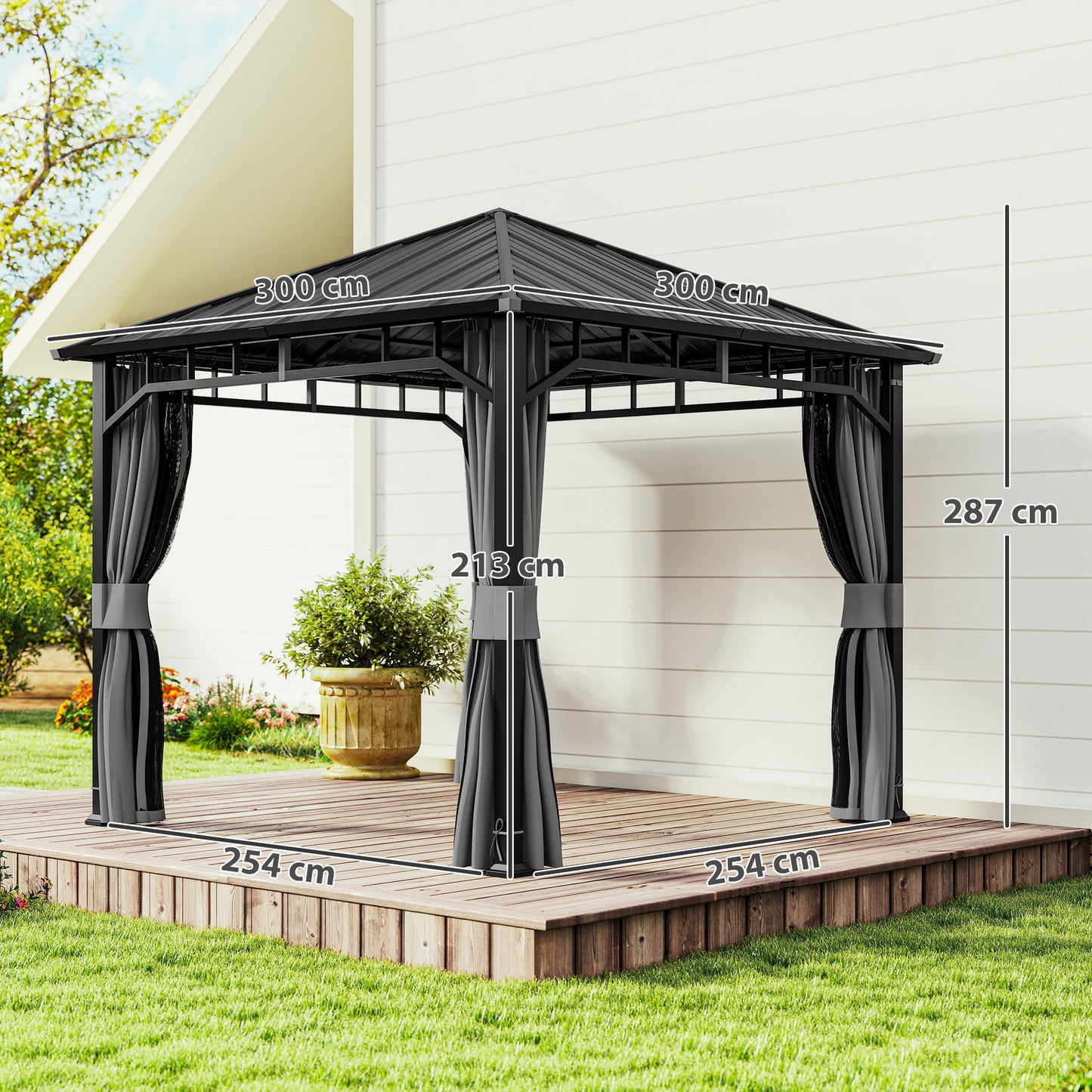 Outsunny 3x3m Hardtop Gazebo with Galvanised Steel Roof Waterproof Pavilion with Netting and Curtains for Patio Deck