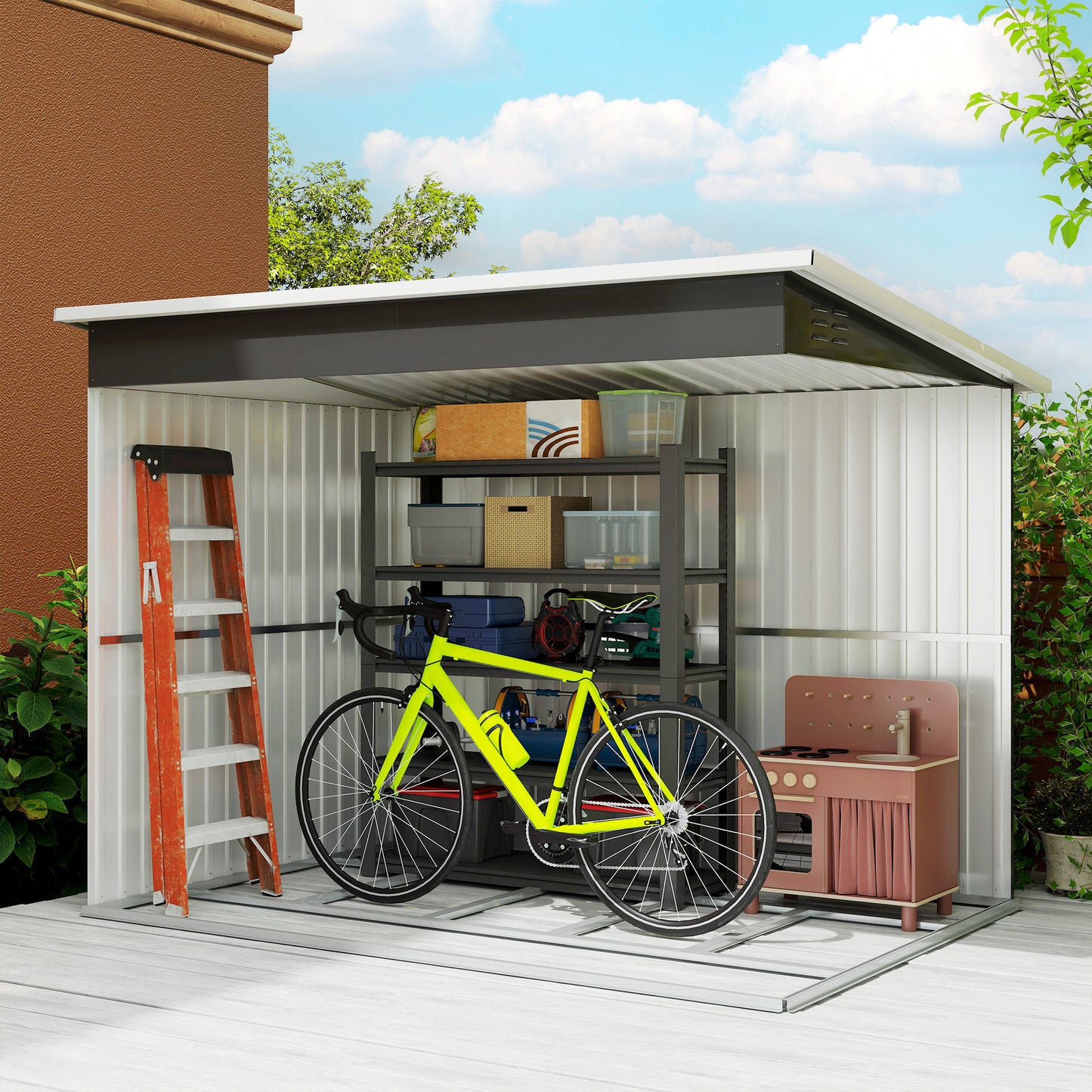 Outsunny 8.5 x 6ft Galvanised Steel Storage Shed With Foundation Kit Window Lockable Wide Doors Air Vents Dark Grey