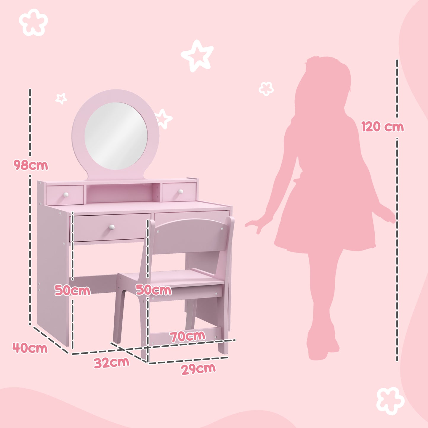 HOMCOM Charming Kids Makeup Vanity Set with Mirror and Stool - Perfect Gift for Ages 3-8 - ALL4U RETAILER LTD