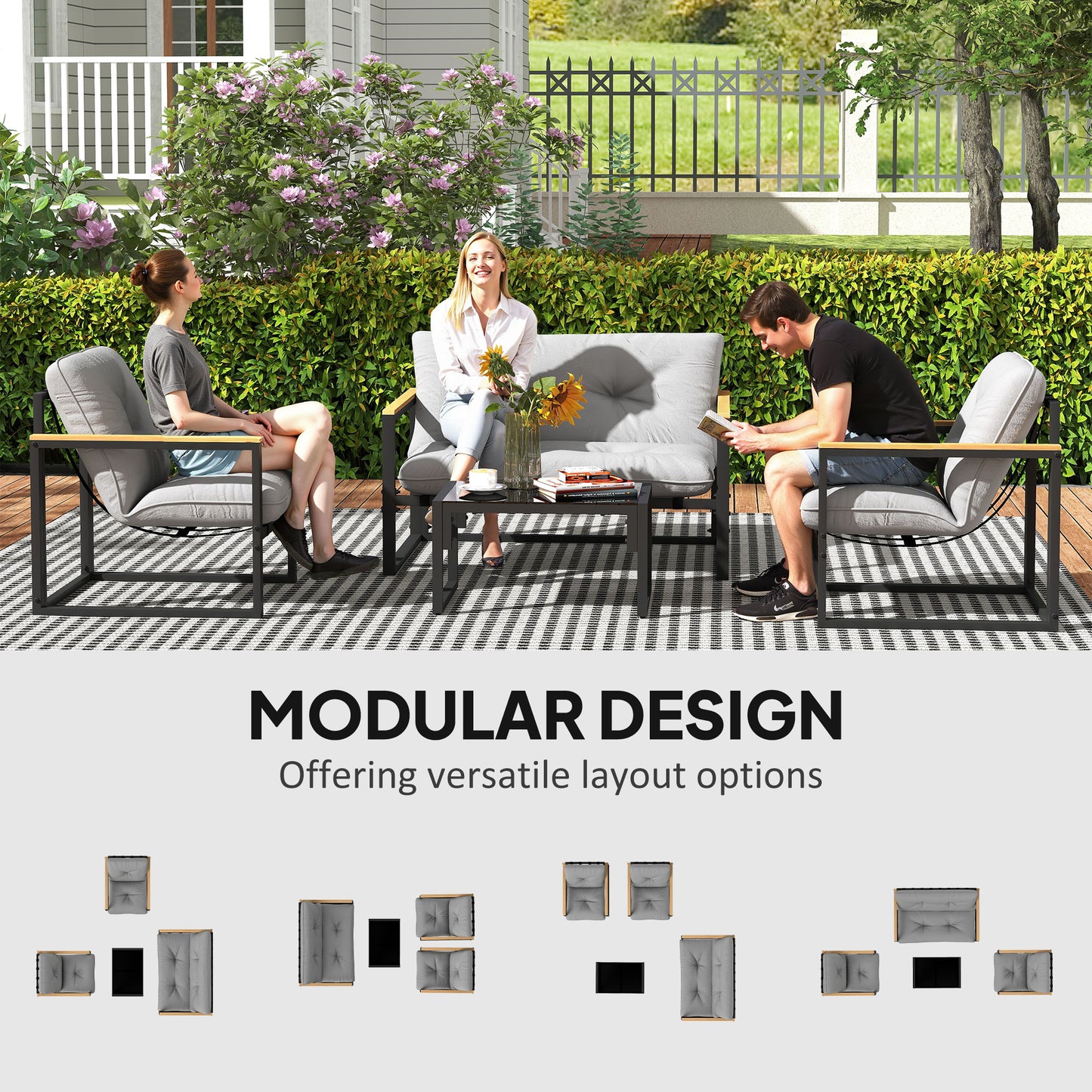 Outsunny 4 Piece Garden Furniture Set Conservatory Loveseat Armchairs Glass Top Coffee Table Cushions Light Grey