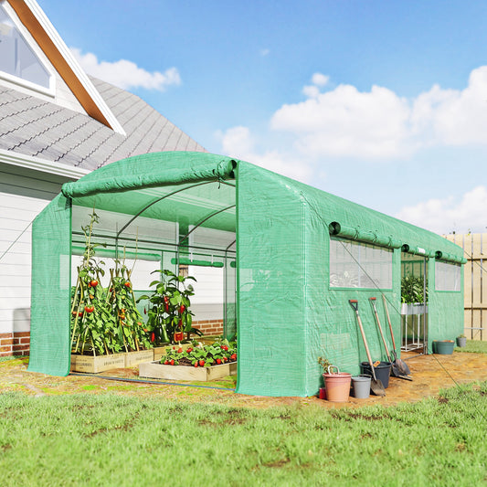 Outsunny 19 x 9.8 ft Walk-In Polytunnel Greenhouse With Roll-Up Doors And Mesh Windows 140gsm Cover