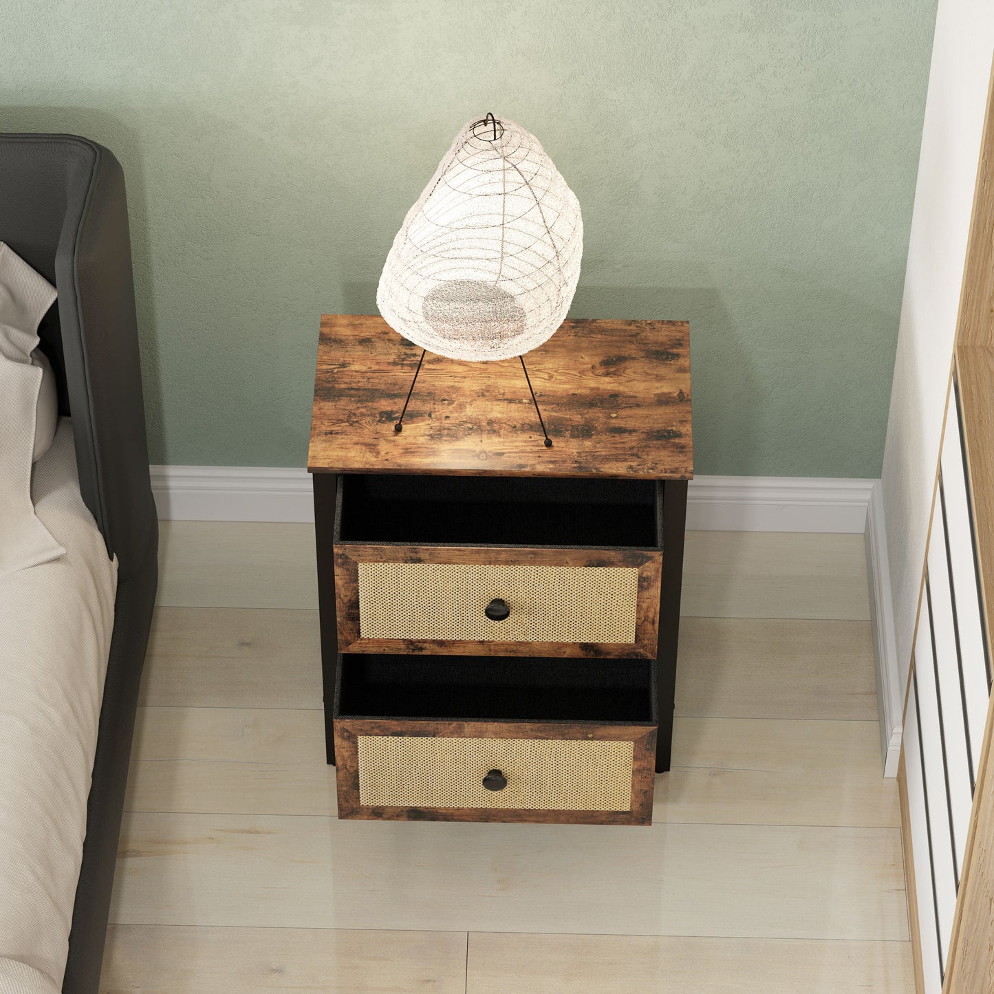 HOMCOM Industrial Natural Bedside Table Set of 2 Brown With Two Drawers and Woven Panels
