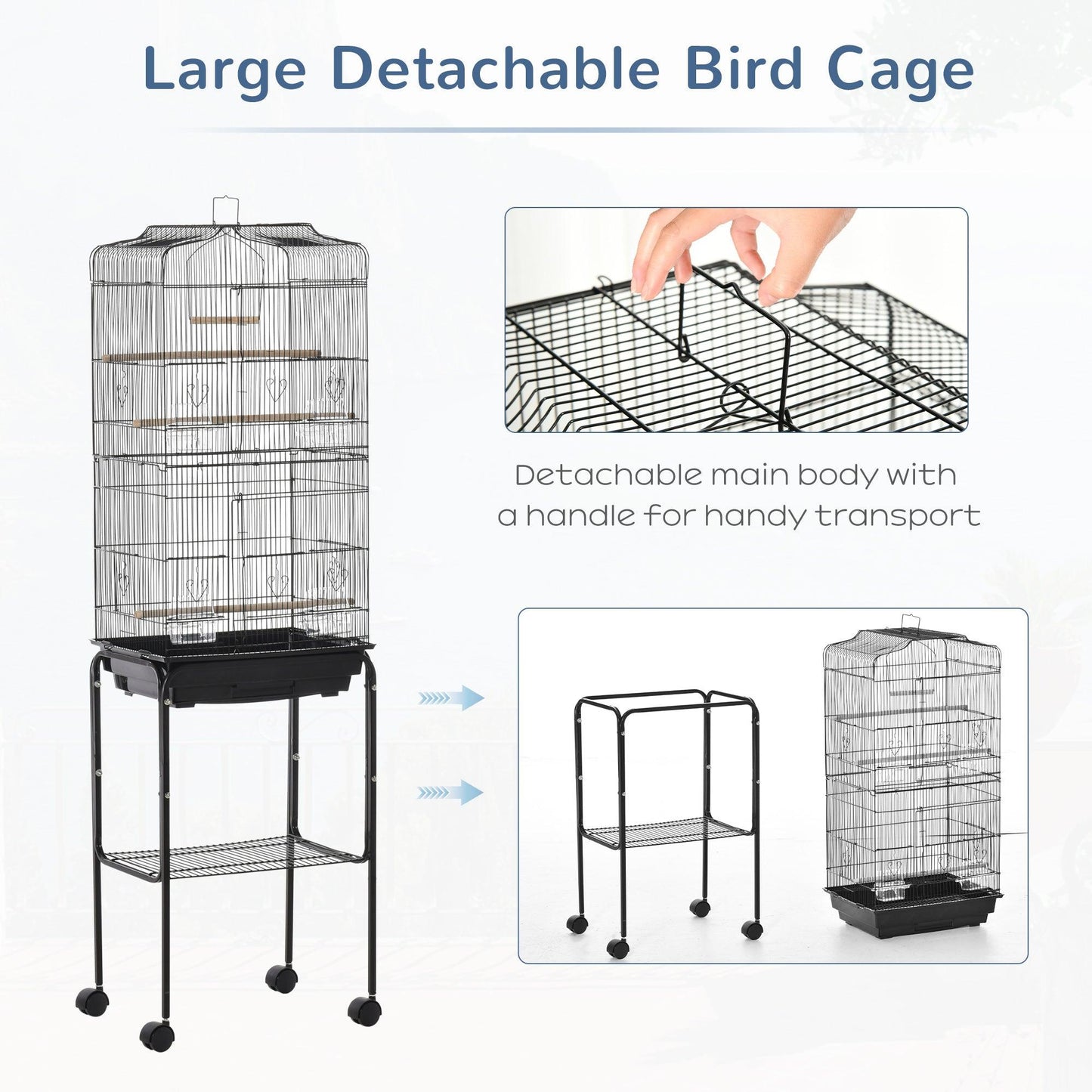 PawHut Black Bird Cage with Stand and Accessories, 36 x 46.5 x 157 cm - ALL4U RETAILER LTD