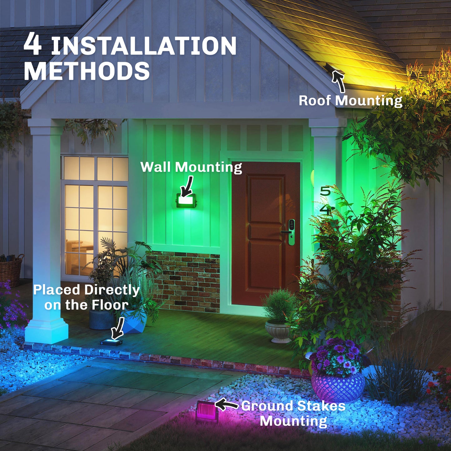 Outsunny 32W LED Floodlights Linkable 4 Pack Landscape Lighting With Remote Control RGB Colour Changing UK Plug Black