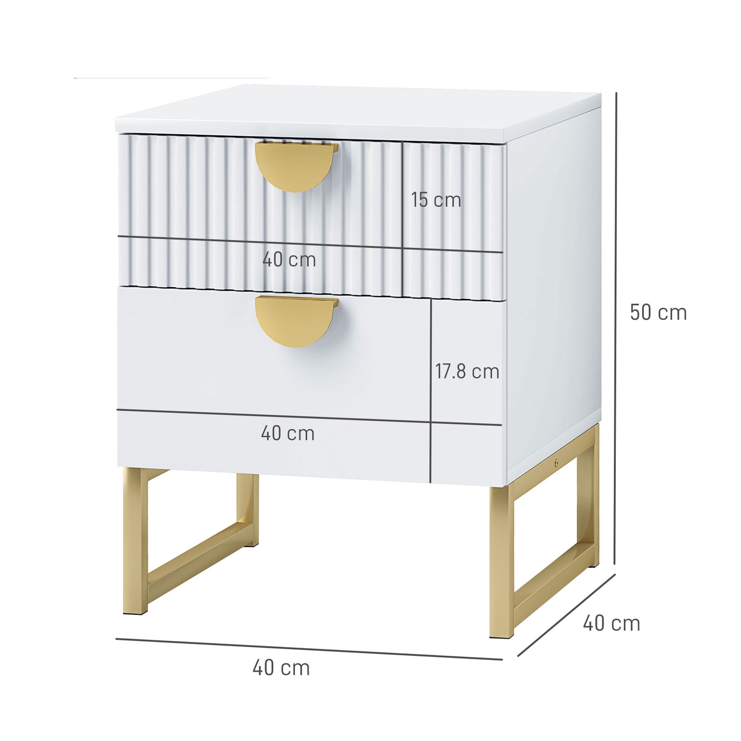 HOMCOM Elegant Two Drawers Bedside Table White With Gold Handles And Metal Base Frame