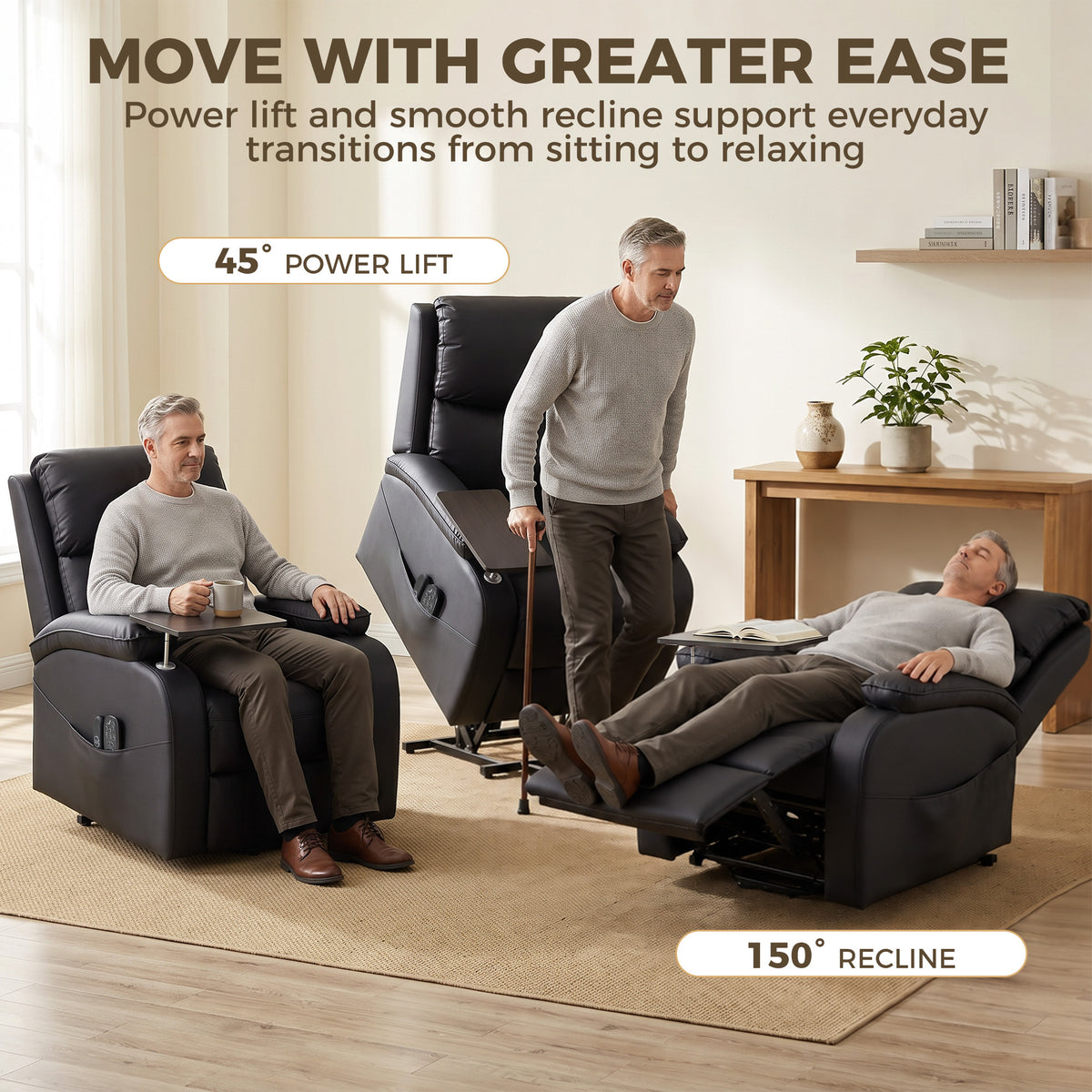 Electric lift recliner showing powered lift and 150° recline angle