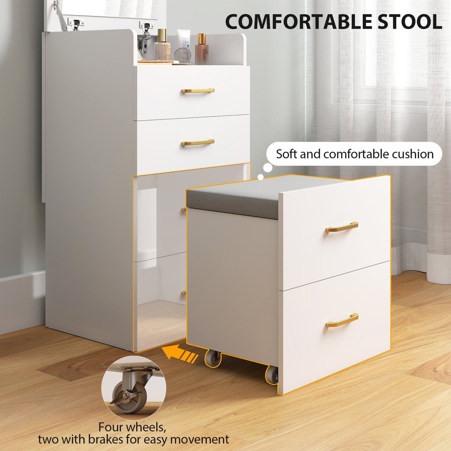 HOMCOM Compact Dressing Table And Stool Set With White Mirror And Storage Two Drawers And Eight Grid Storage