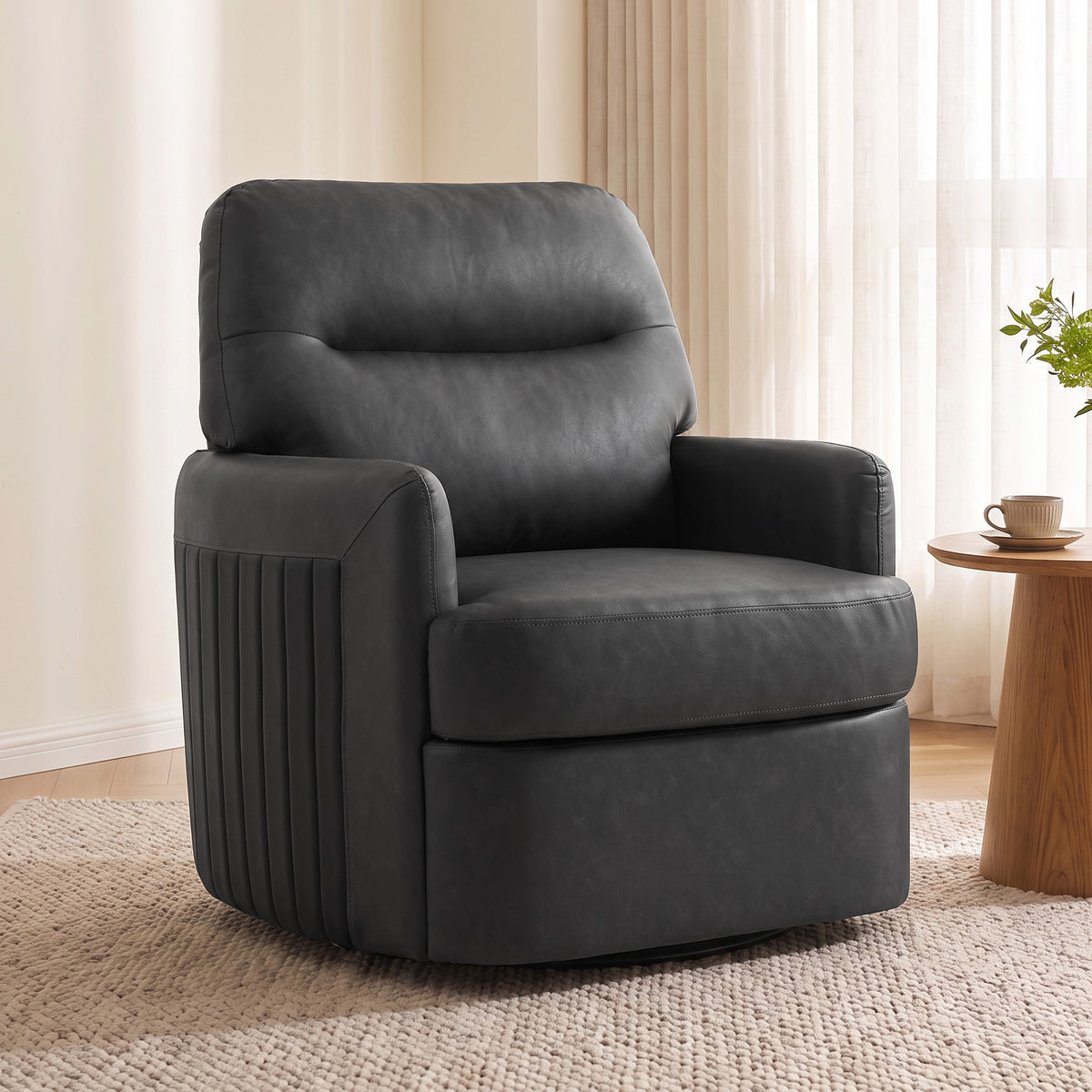 Dark grey PU leather swivel accent chair with curved backrest and vertical arm panels
