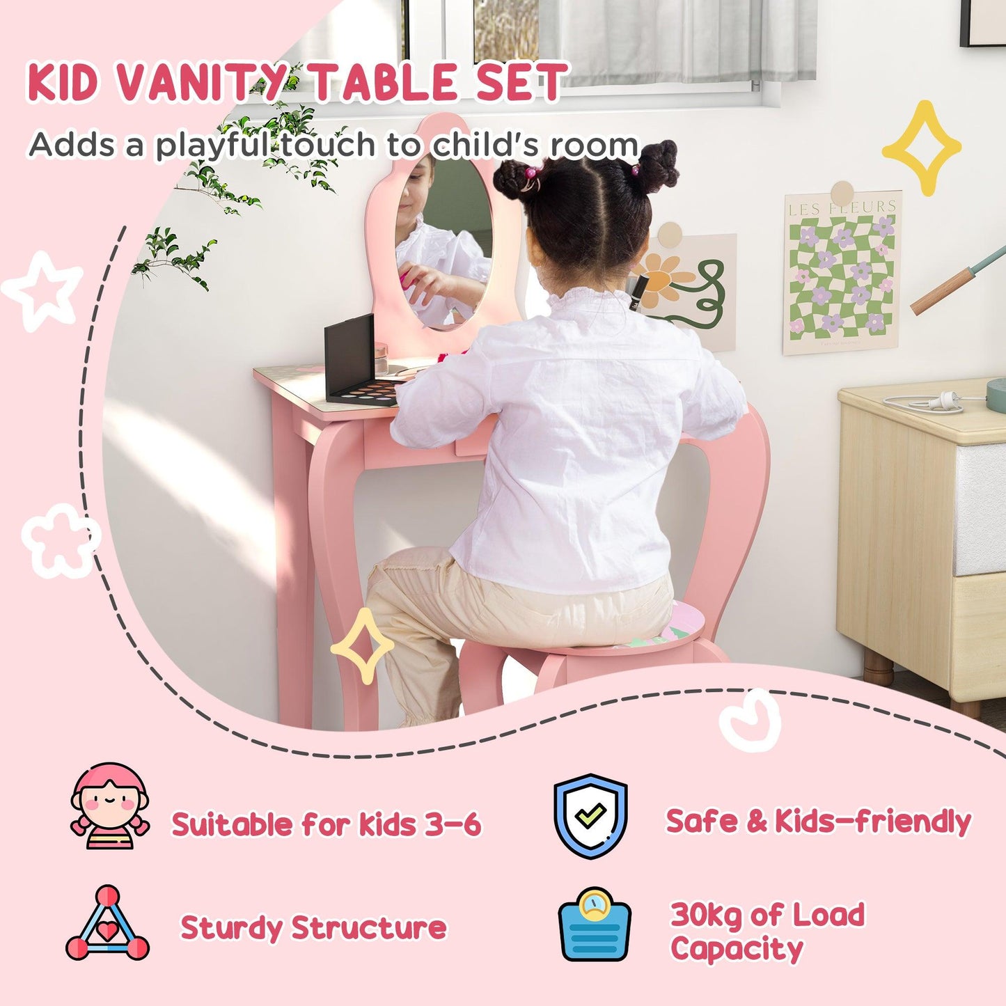 ZONEKIZ Kids Dressing Table with Mirror and Stool, Girls Vanity Table - Pink - ALL4U RETAILER LTD