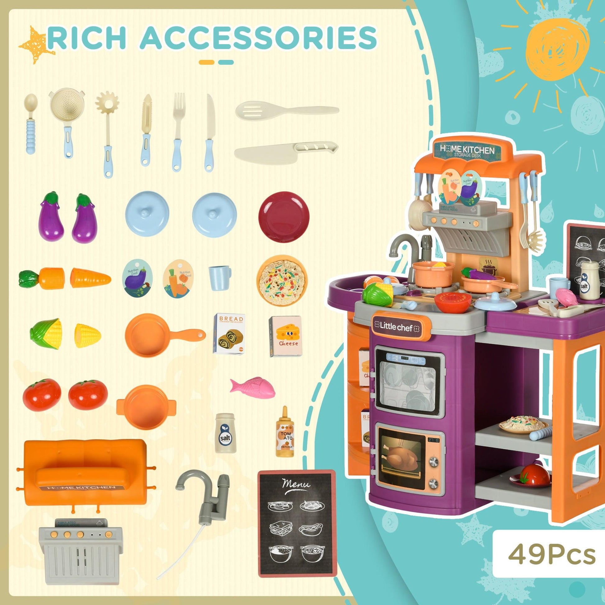 AIYAPLAY 49 Pieces Toy Kitchen, Children Trolley w/ Spray Effect, Running Water - ALL4U RETAILER LTD