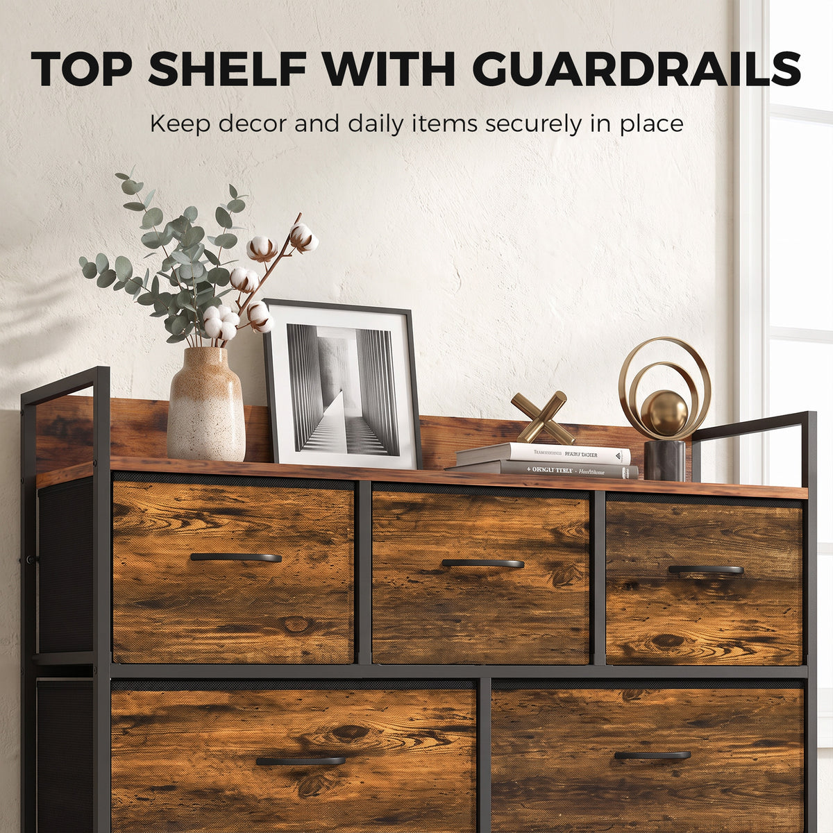 7-drawer fabric chest with rustic brown top shelf guardrails and black steel frame