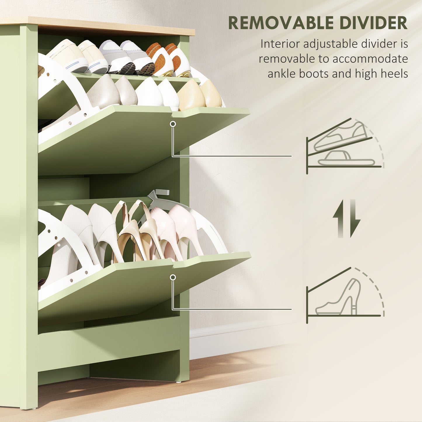 HOMCOM Slim Narrow Shoe Cabinet With 2 Flip Drawers And Adjustable Shelves Holds 12 Pairs Green