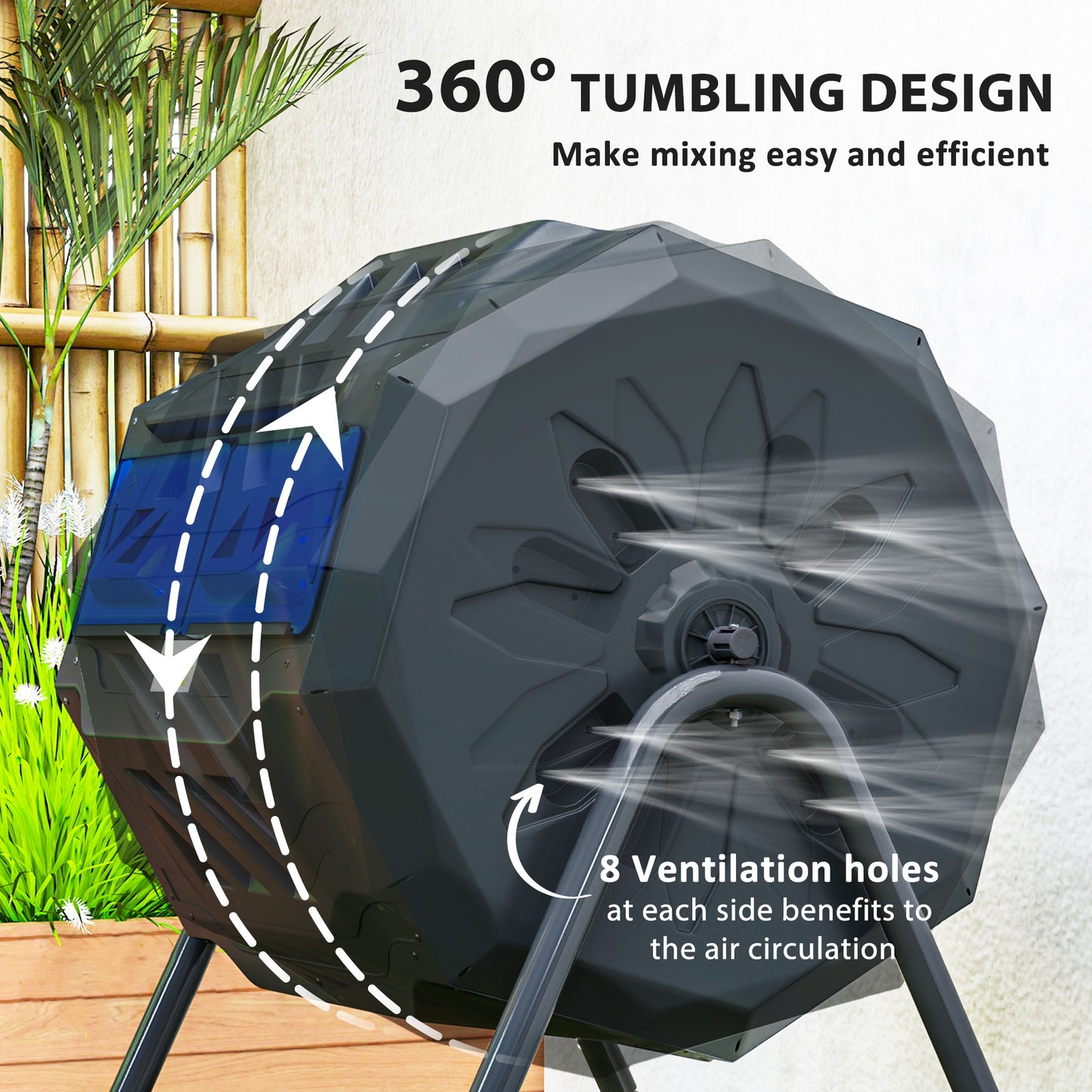 Outsunny 160L 360 Degree Rotating Dual Chamber Composter Blue Durable Plastic Body With Metal Frame