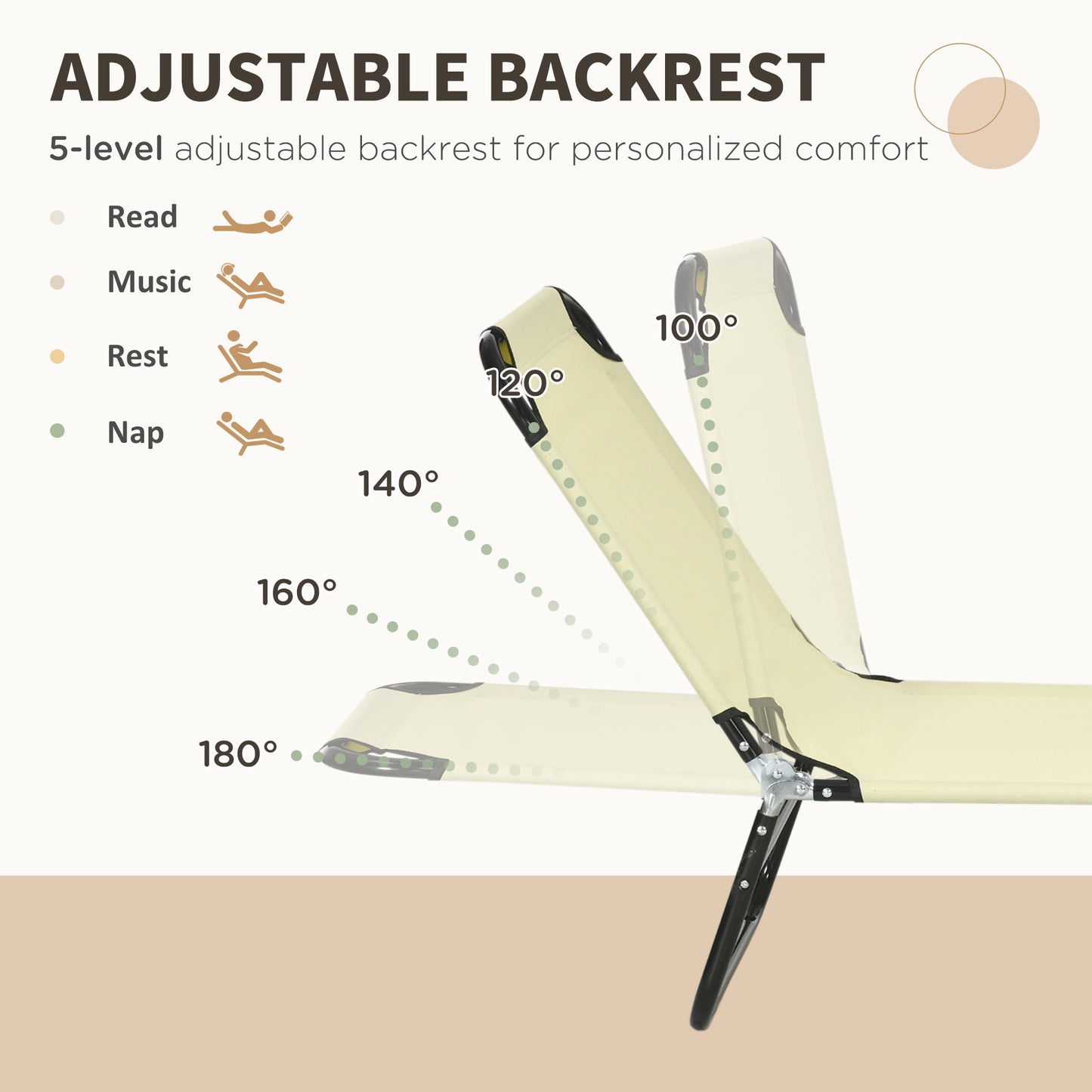 Outsunny Set of Two Metal Frame Folding Sun Loungers Beige With Five Position Reclining Backrest