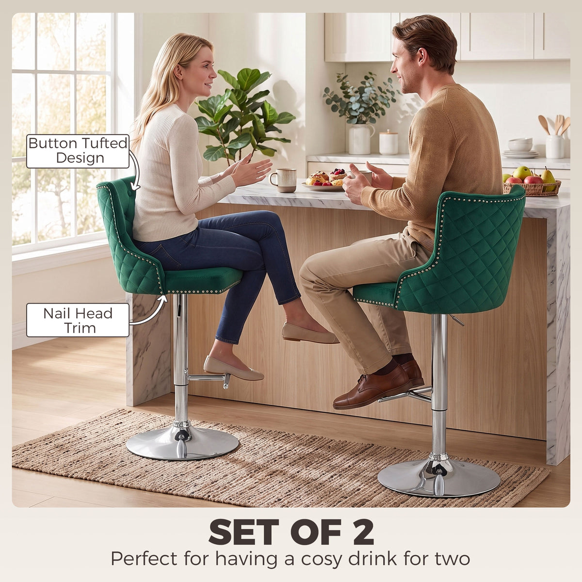 Green velvet swivel bar stool with button-tufted back, nailhead trim, and built-in footrest