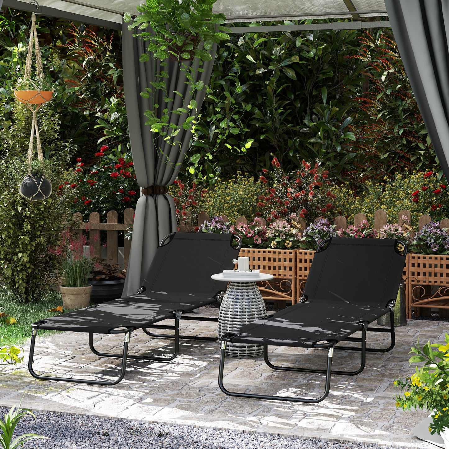 Outsunny Garden Sun Lounger With Five Position Backrest Adjustable Folding Black Metal Frame