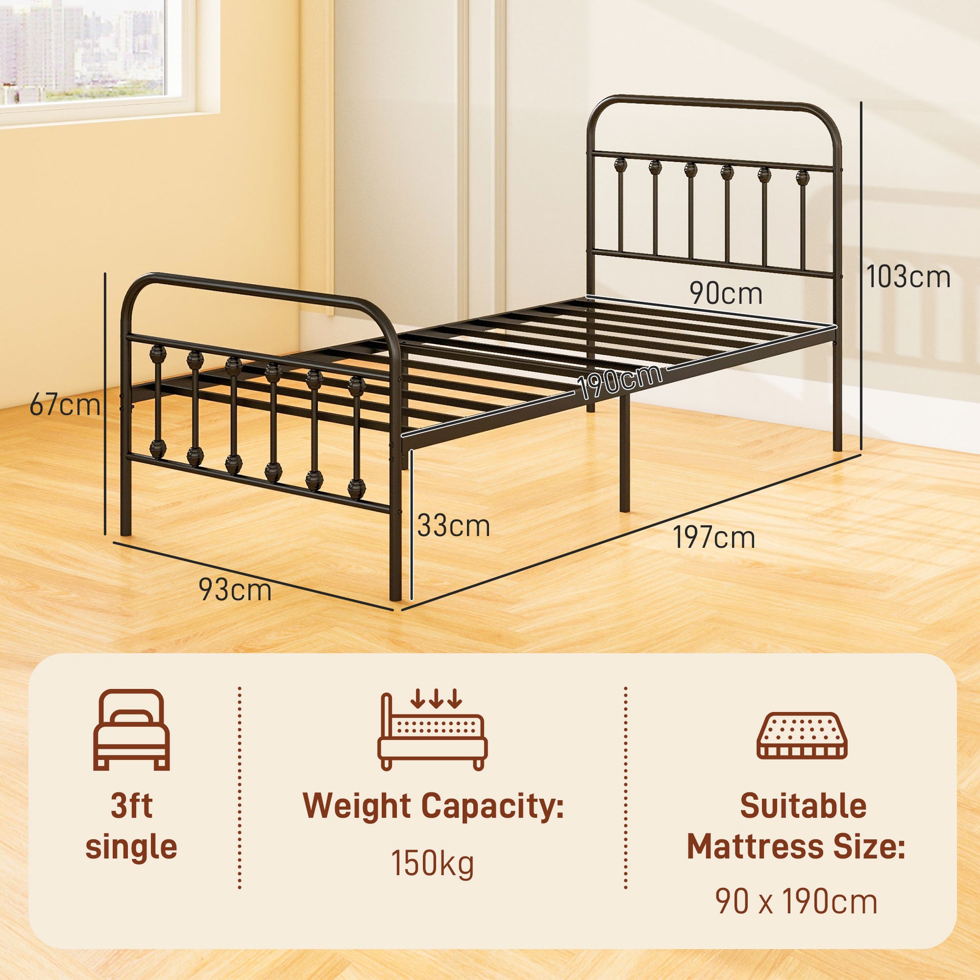 HOMCOM Minimalist 3ft Single Metal Bed Frame with Storage Space & Tall Headboard - No Box Spring Required, Easy Assembly, Black - ALL4U RETAILER LTD