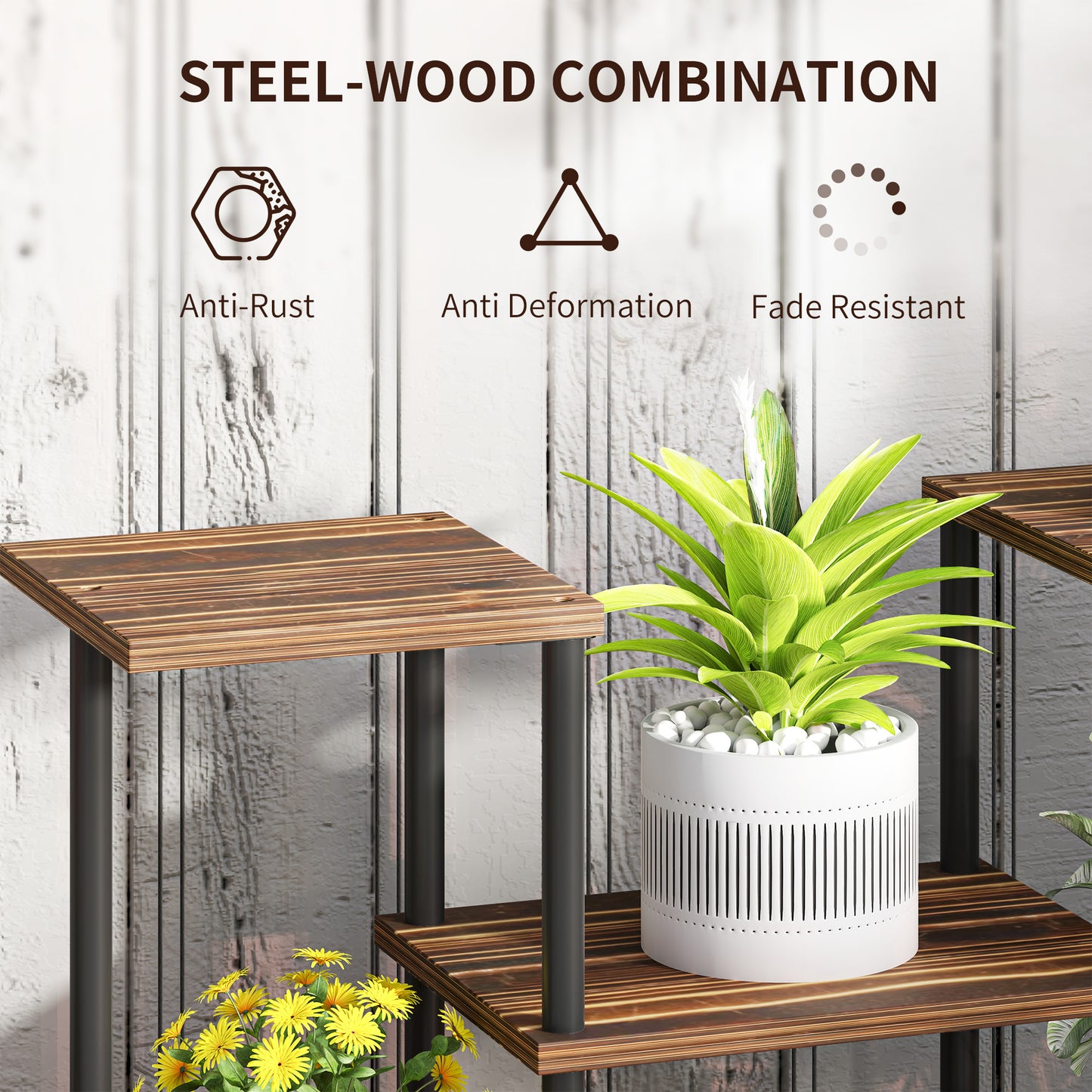 Outsunny Four Tier Wooden Plant Stand With Metal Frame For Indoor Plants And Shelving