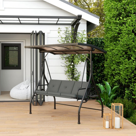 Outsunny Convertible Three Seater Swing Bench Bed With 90 Degree Canopy Side Cup Trays UPF30 Shade Dark Grey