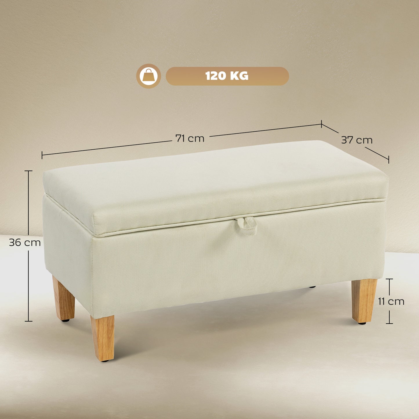 HOMCOM 30L Linen Storage Ottoman Padded Footstool With Rubberwood Legs Beige For Storage Box Bed End Shoe Bench Seating