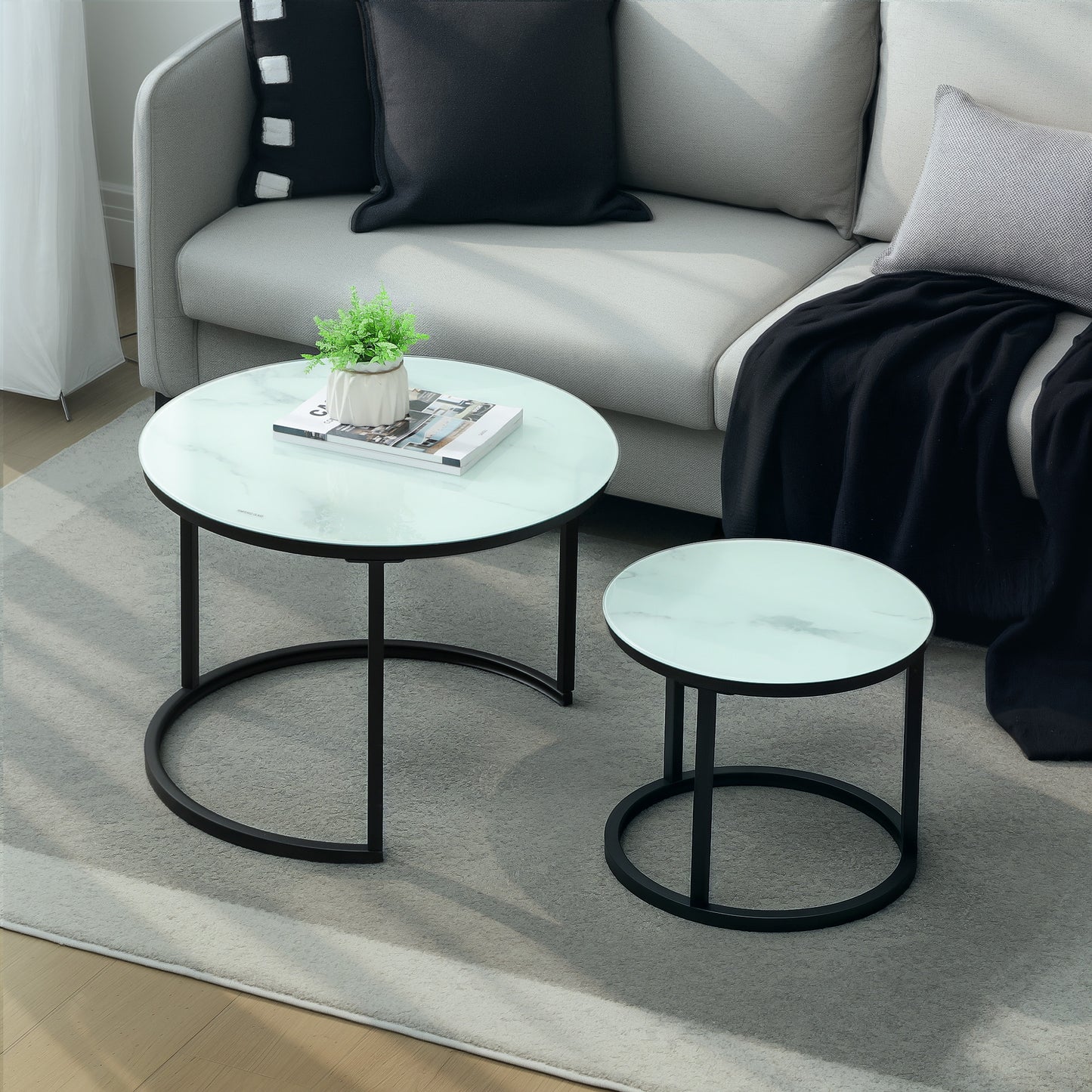 HOMCOM Glass Coffee Table Set Of 2 Nesting Tables With Marble Effect Tempered Glass Tabletops And White Steel Frame