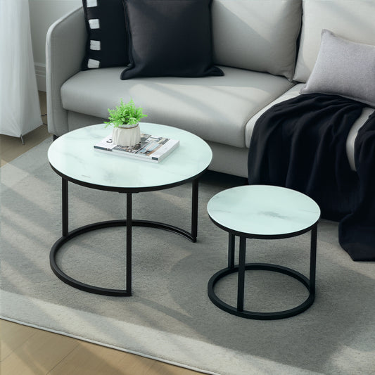HOMCOM Glass Coffee Table Set Of 2 Nesting Tables With Marble Effect Tempered Glass Tabletops And White Steel Frame