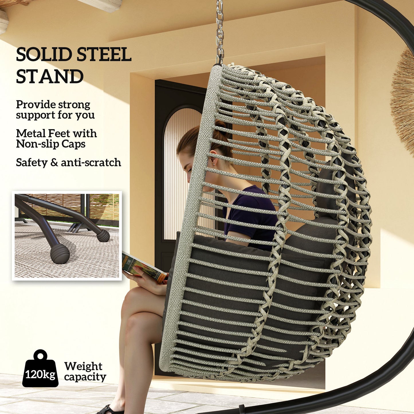 Outsunny Outdoor Hanging Egg Chair With Thick Padded Cushion And Metal Stand Foldable Basket Cup Holder
