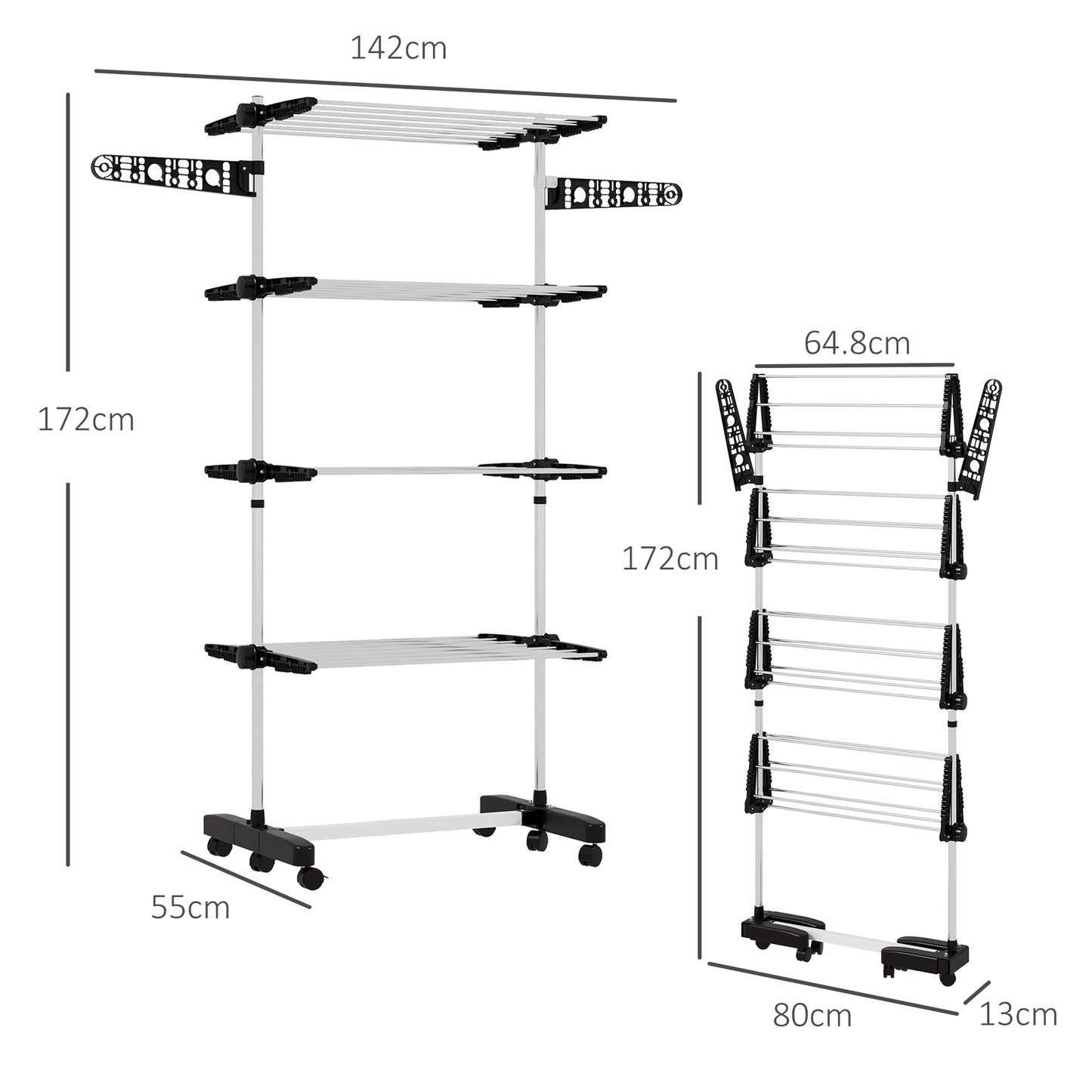 HOMCOM Four Shelf Collapsing Clothes Horse With Side Arms And Wheels Black Compact Foldable Drying Rack