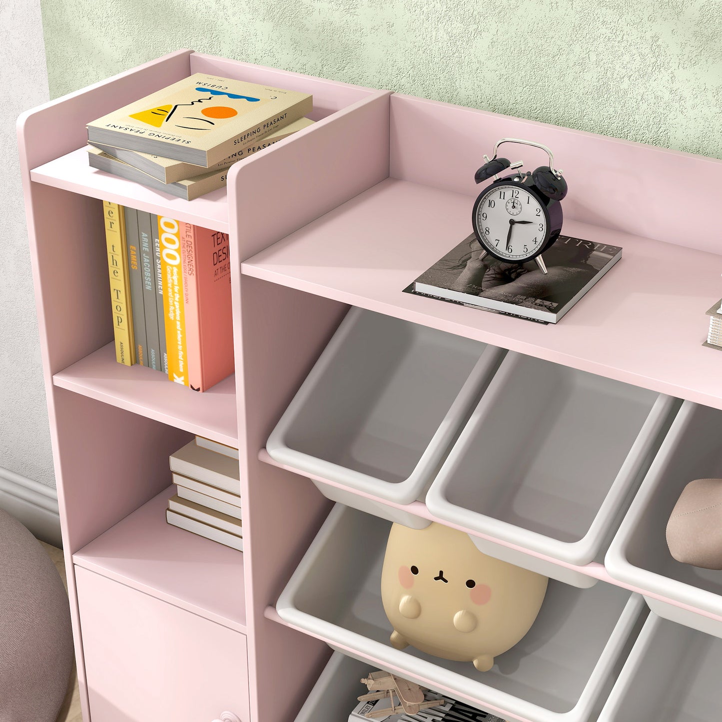 AIYAPLAY Kids Toy Organizers And Storage With 8 Removable Bins And Bookshelf Pink