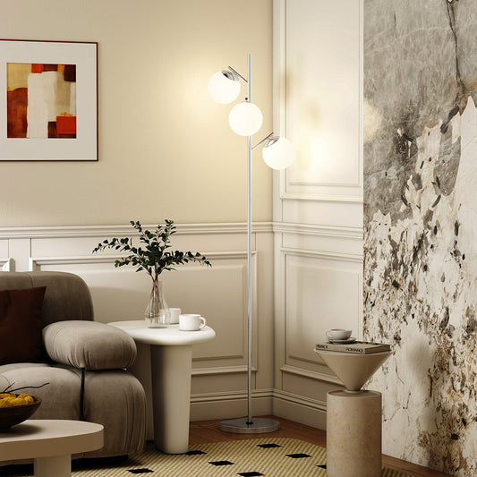 HOMCOM 3 Light Tree Floor Lamp With Globe Shades Modern Standing Lamp Living Room Bedroom 3000K 4000K 6000K Silver Tone