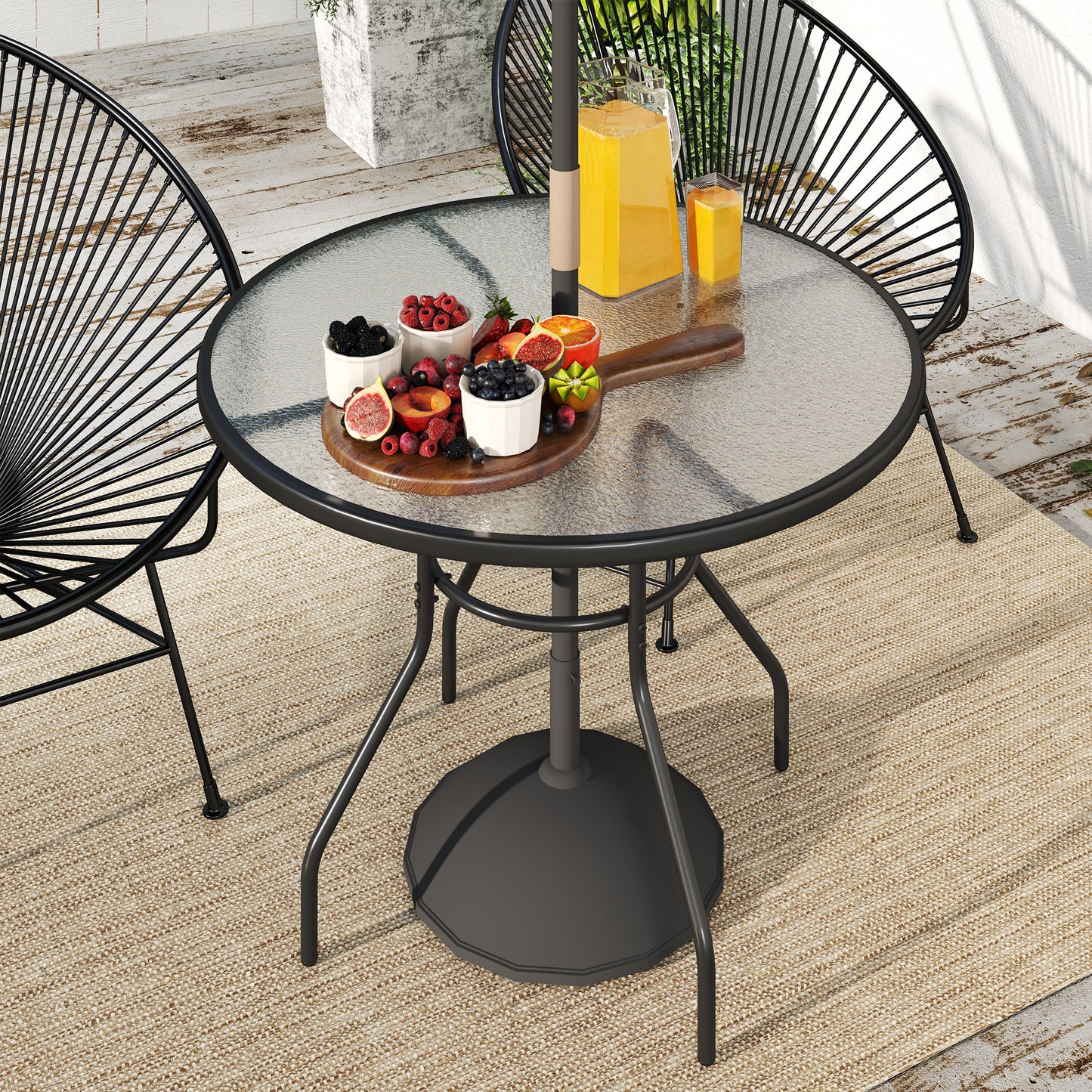 Outsunny Glass Top Outdoor Garden Table with Parasol Hole Black Steel Frame Tempered Glass Bistro Table for Patio