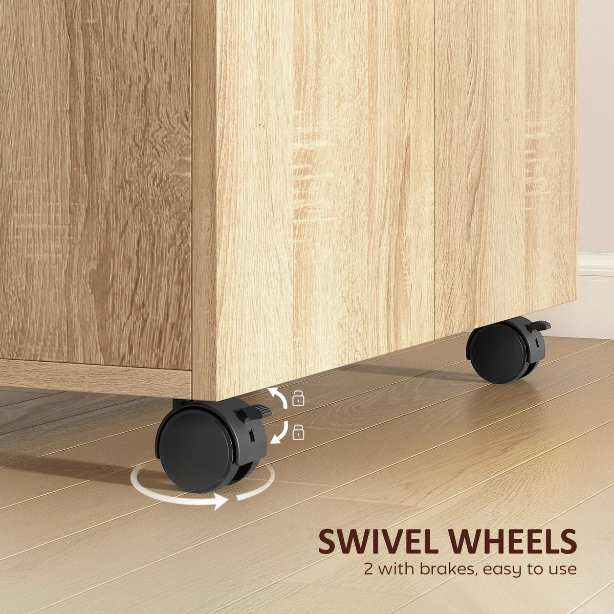 Swivel wheels on mobile sideboard cabinet base for easy movement