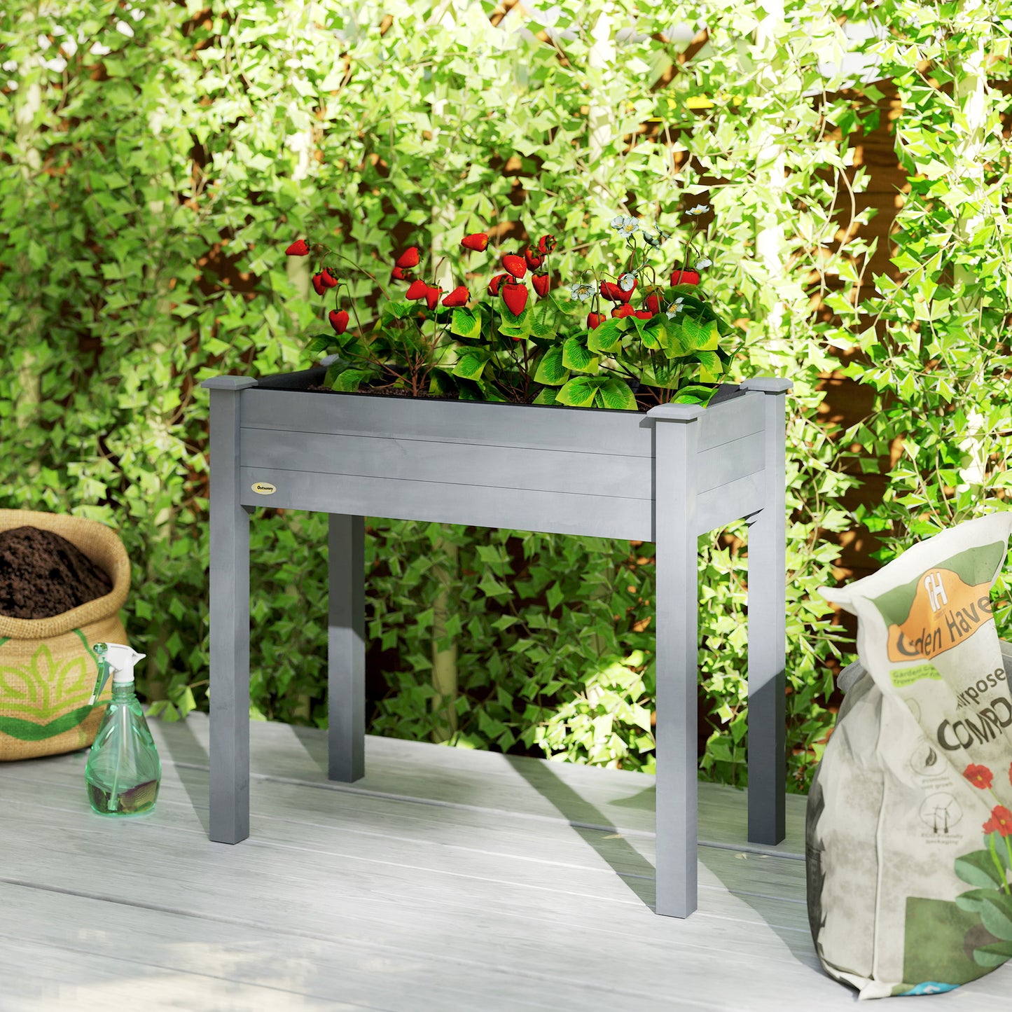 Outsunny Raised Garden Bed Wooden Elevated Planter Box With Bed Liner For Flowers Vegetables Herbs Dark Grey