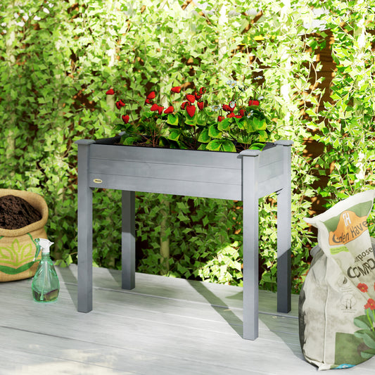 Dark grey raised wooden planter box with open top and four sturdy legs