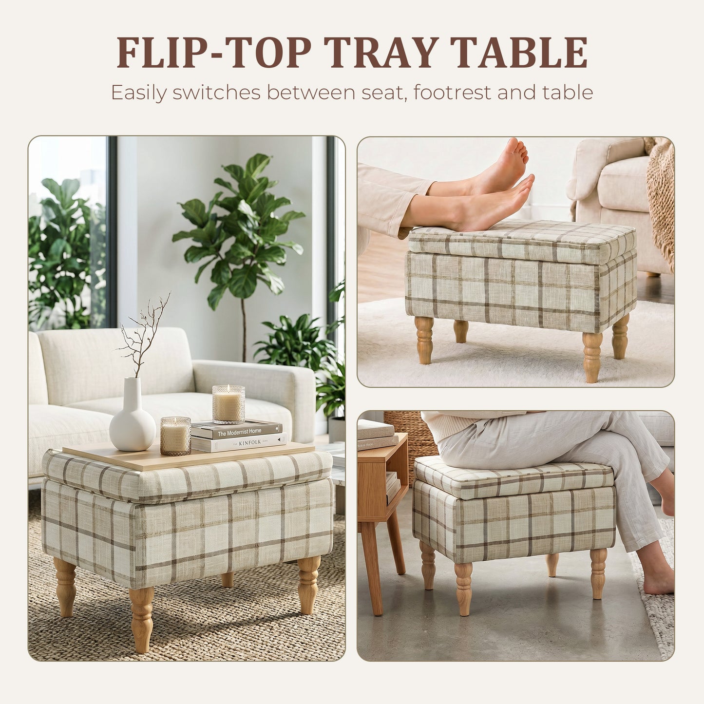 HOMCOM Linen Fabric Upholstered Storage Ottoman Rectangular Footstool With Removable Top Tray Table Hidden Space Brown