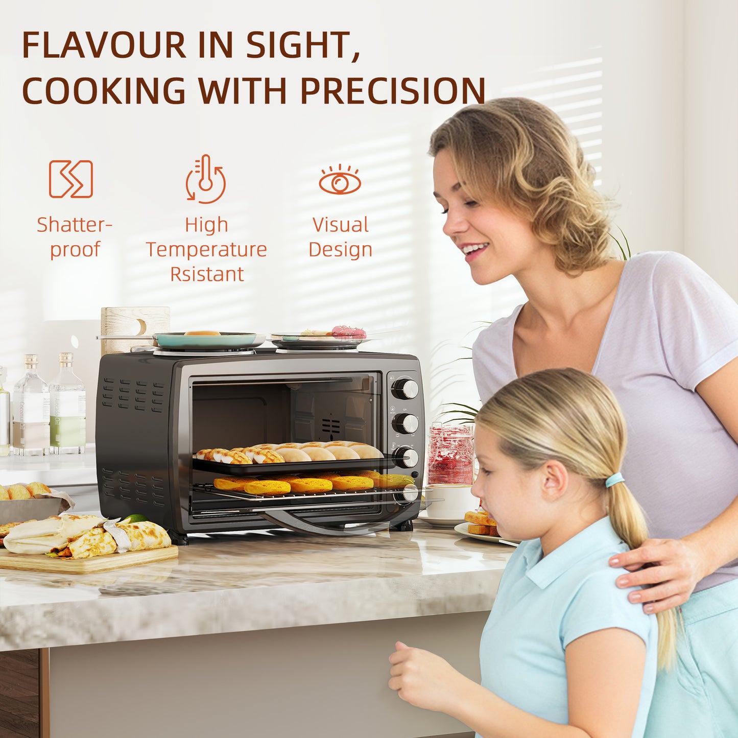 HOMCOM 36L Compact Oven With Dual Hot Plates, Countertop Toaster Oven For Grill, Bake, Roast, Boil, 2600W Black