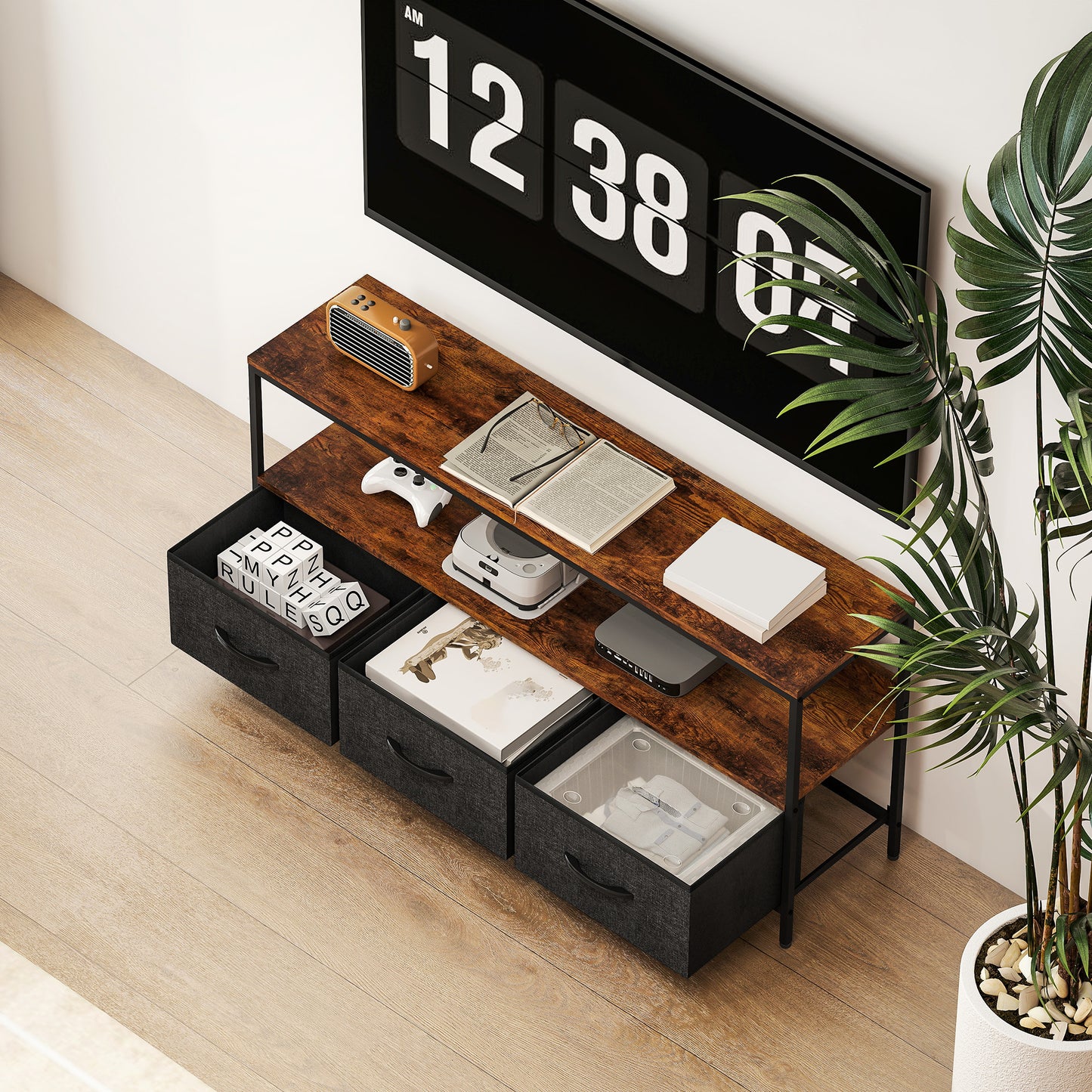 HOMCOM TV Stand Cabinet With 3 Foldable Drawers In Rustic Brown For 55 Inch TV Dual Color Modern Centerpiece