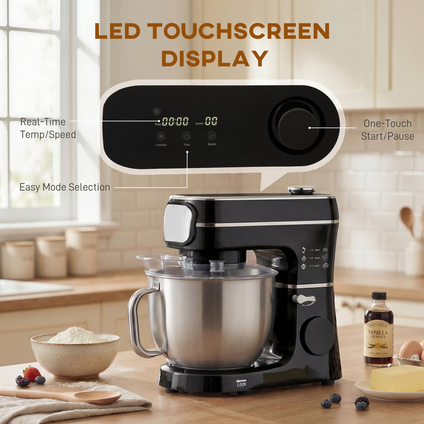 HOMCOM Stand Mixer 6L 1400W Tilt Head With 11 Speeds Pulse Fermentation Stainless Steel Bowl LED Display Black
