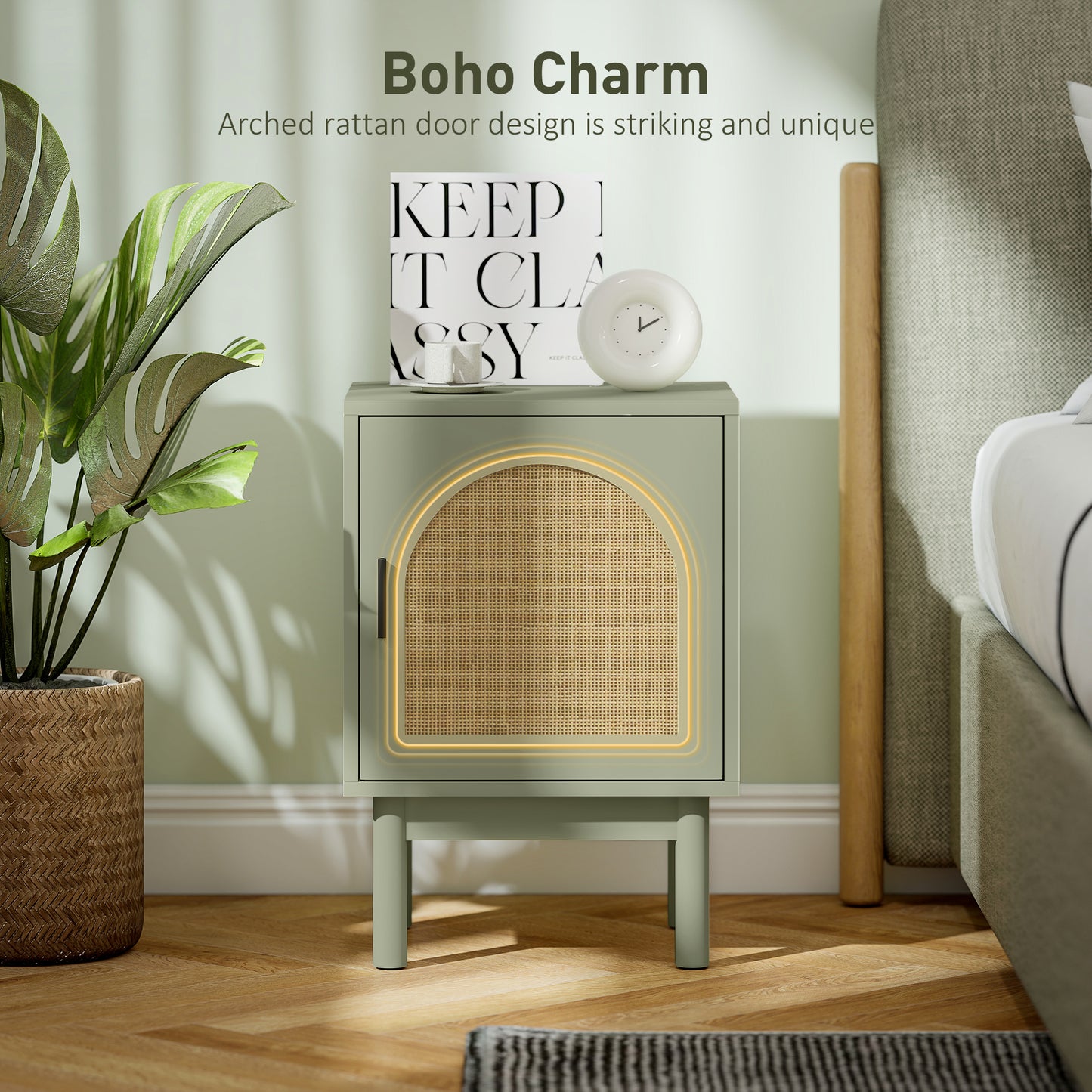 HOMCOM Set Of 2 Rattan Bedside Tables Boho Nightstands With Solid Wood Legs And Storage Cabinet Light Green