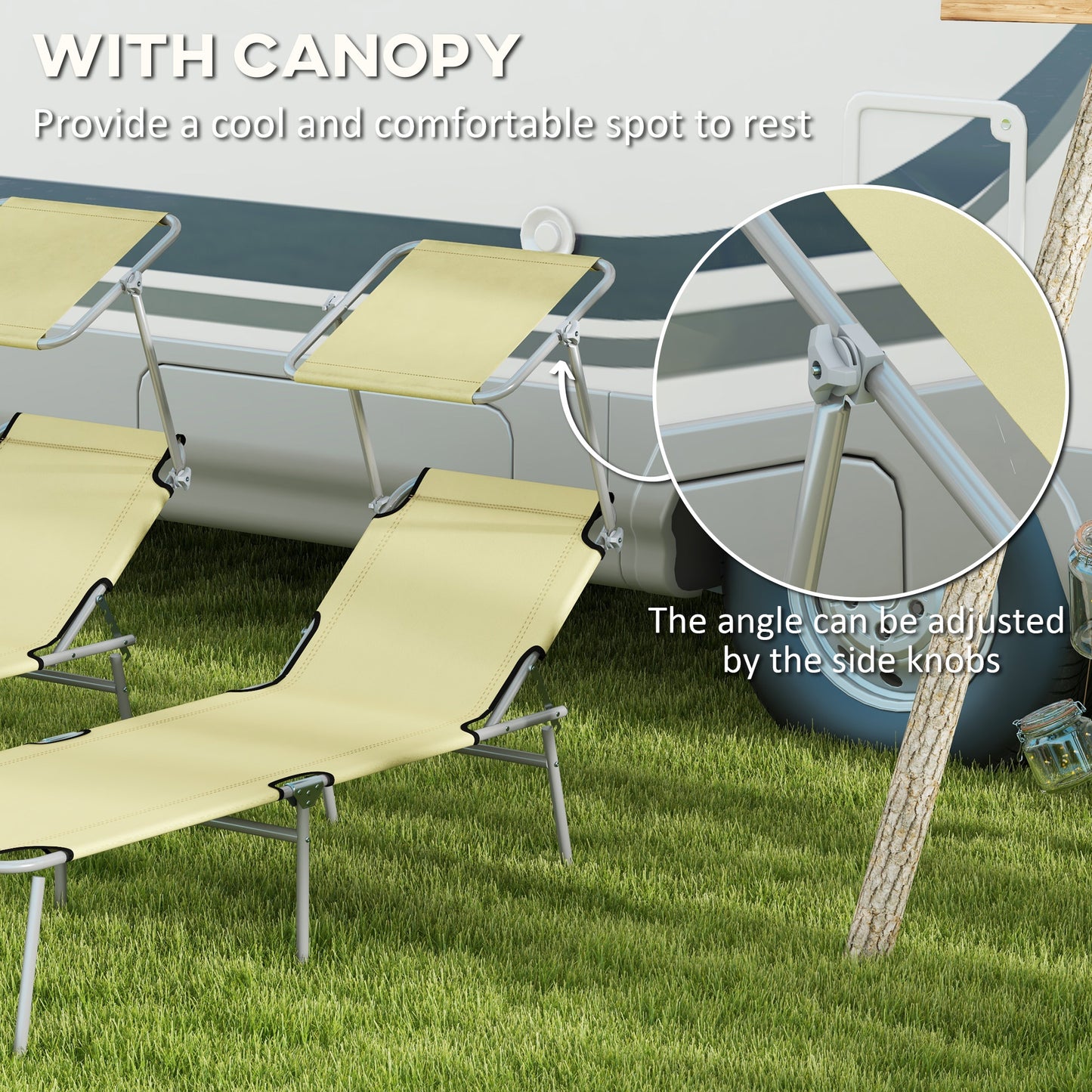 Outsunny Adjustable Outdoor Sun Lounger Set of 2 with Canopy, Beige Reclining Chairs - ALL4U RETAILER LTD